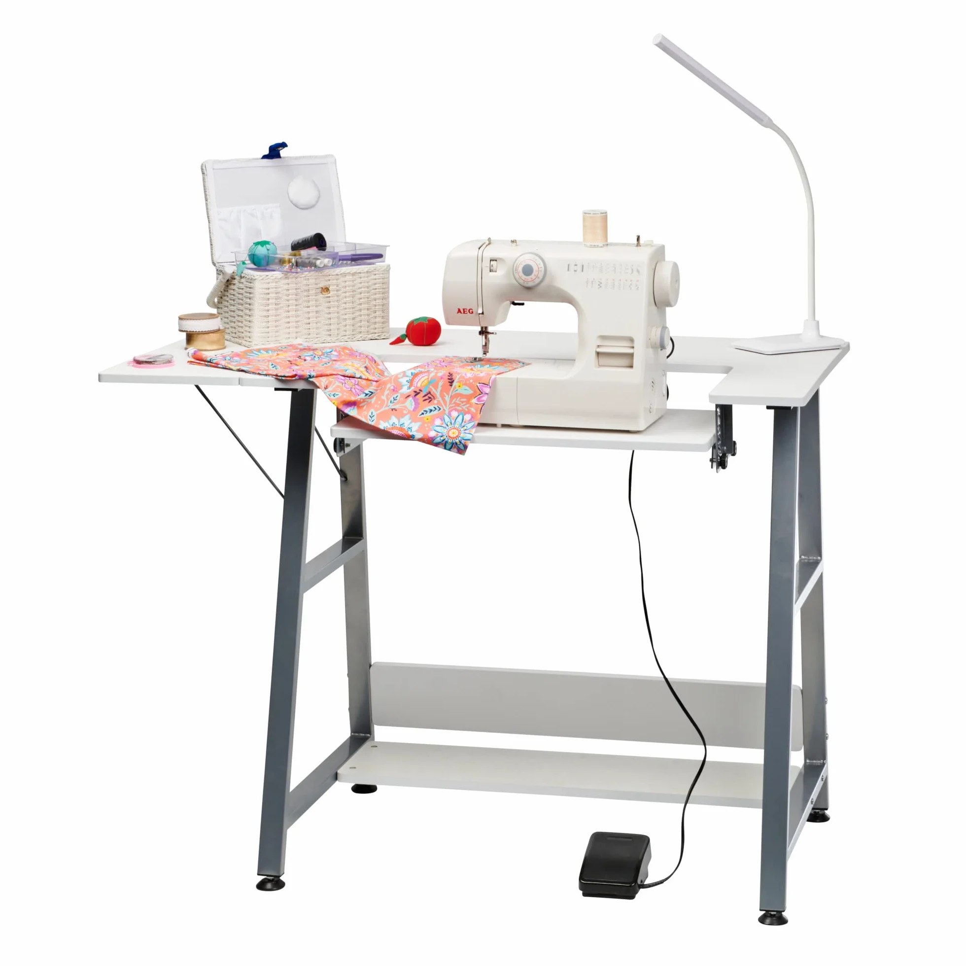 Tavolo da Cucito Piccolo Bianco con Gambe Argento per Macchina da Cucire con Piattaforma Regolabile