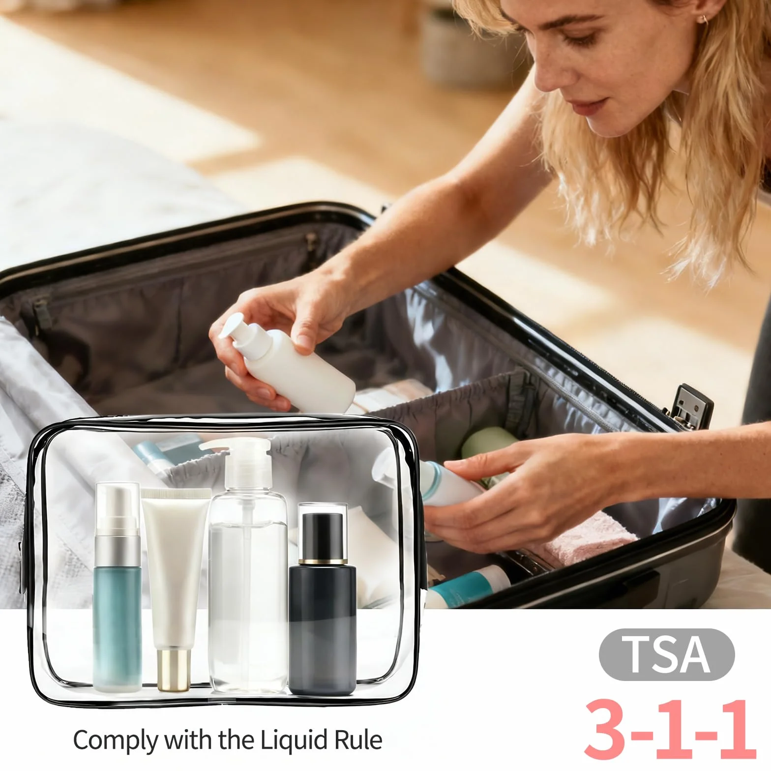 Beauty Case Trasparente, Borse da Viaggio Impermeabile, 3 Pezzi Borsa da Toilette Contenitori Cosmetici con Zip, Set Buste per Trasporto Trousse con Maniglia, per Bagno e Viaggio