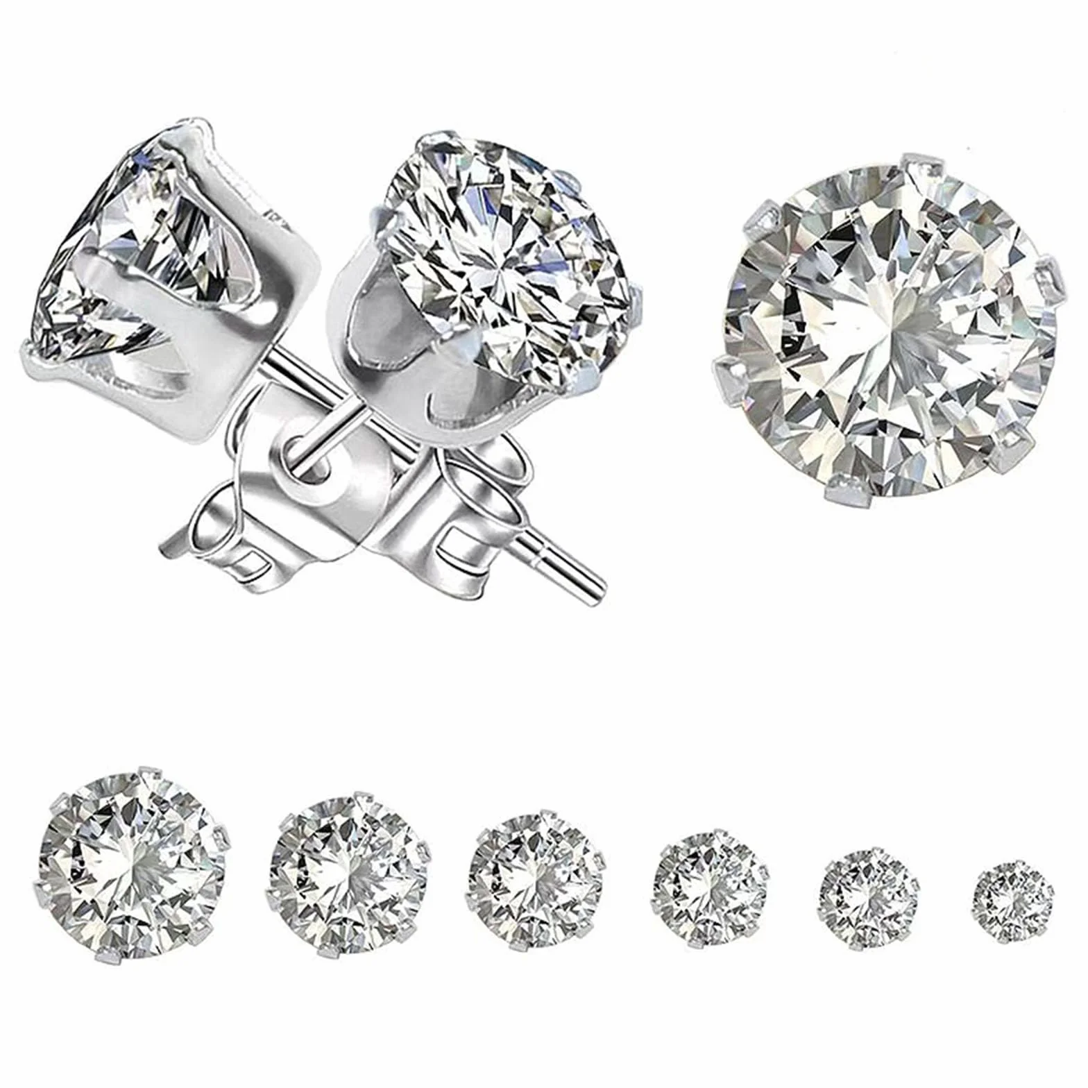 Orecchini Uomo Diamante Acciaio Inossidabile Anallergici Punti Luce 3~8 mm (6 Paia)