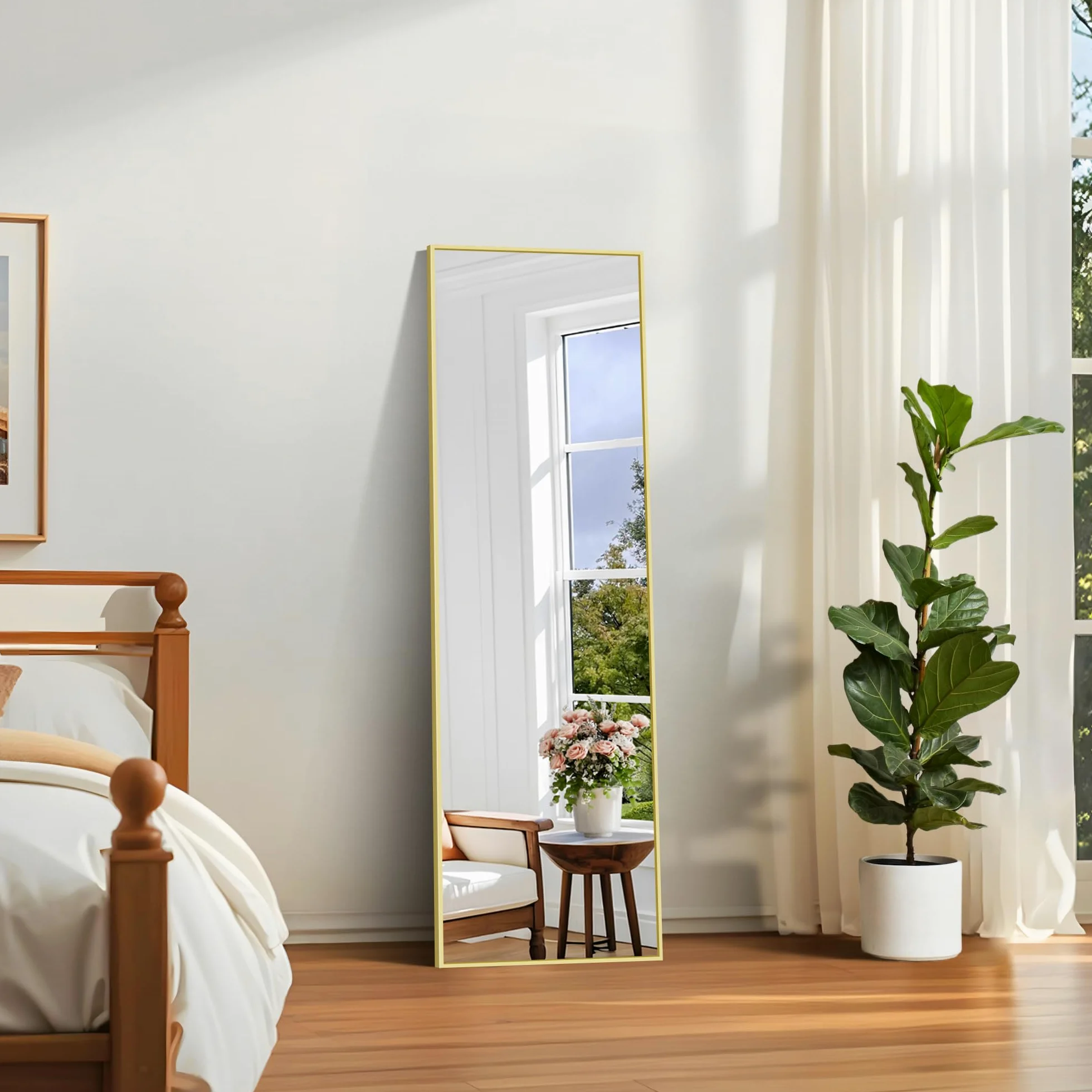 COFENY Specchio da Terra, 147 x 44 cm Specchio da Parete Grande con Cornice in Alluminio, Specchio da Terra da Appoggiare o Appendere per Soggiorno, Camera da letto, Soggiorno, Ingresso, Oro