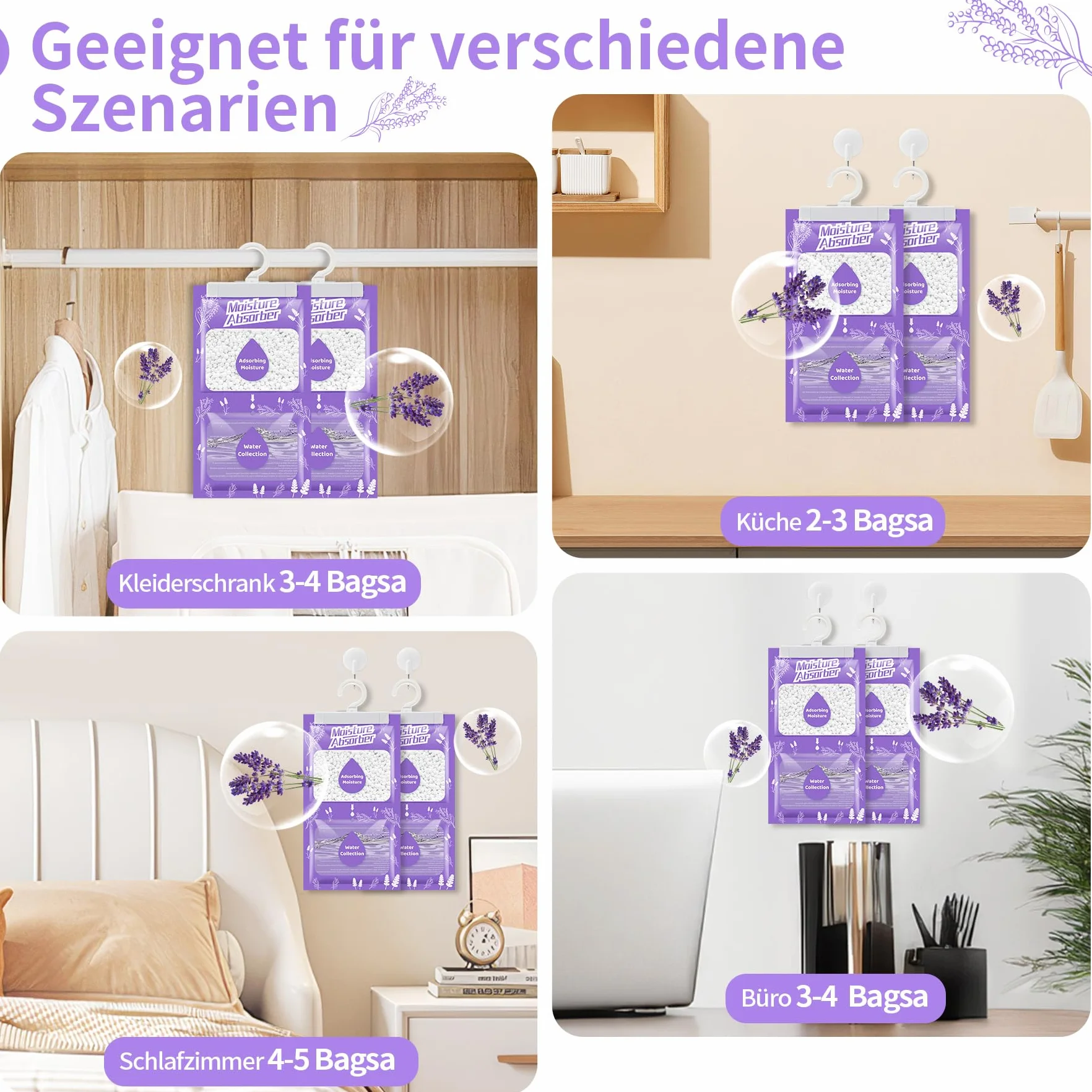 20 x 230 g, deumidificatore sospeso, con profumo, assorbitore di umidità per cantina, camera da letto, lavanderia, anti-umidità, anti-muffa, sacchetto di essiccante – lavanda