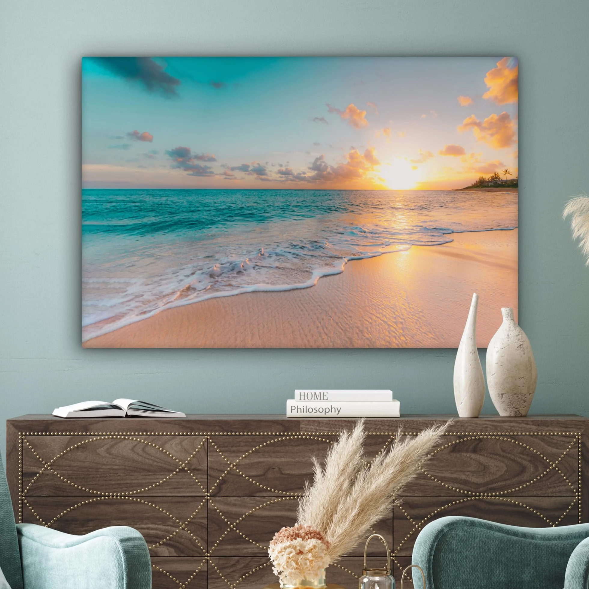 MuchoWow Quadro Camera Da Letto 120x80 cm Tela Stampe Poster Tramonto Spiaggia Mare Blu