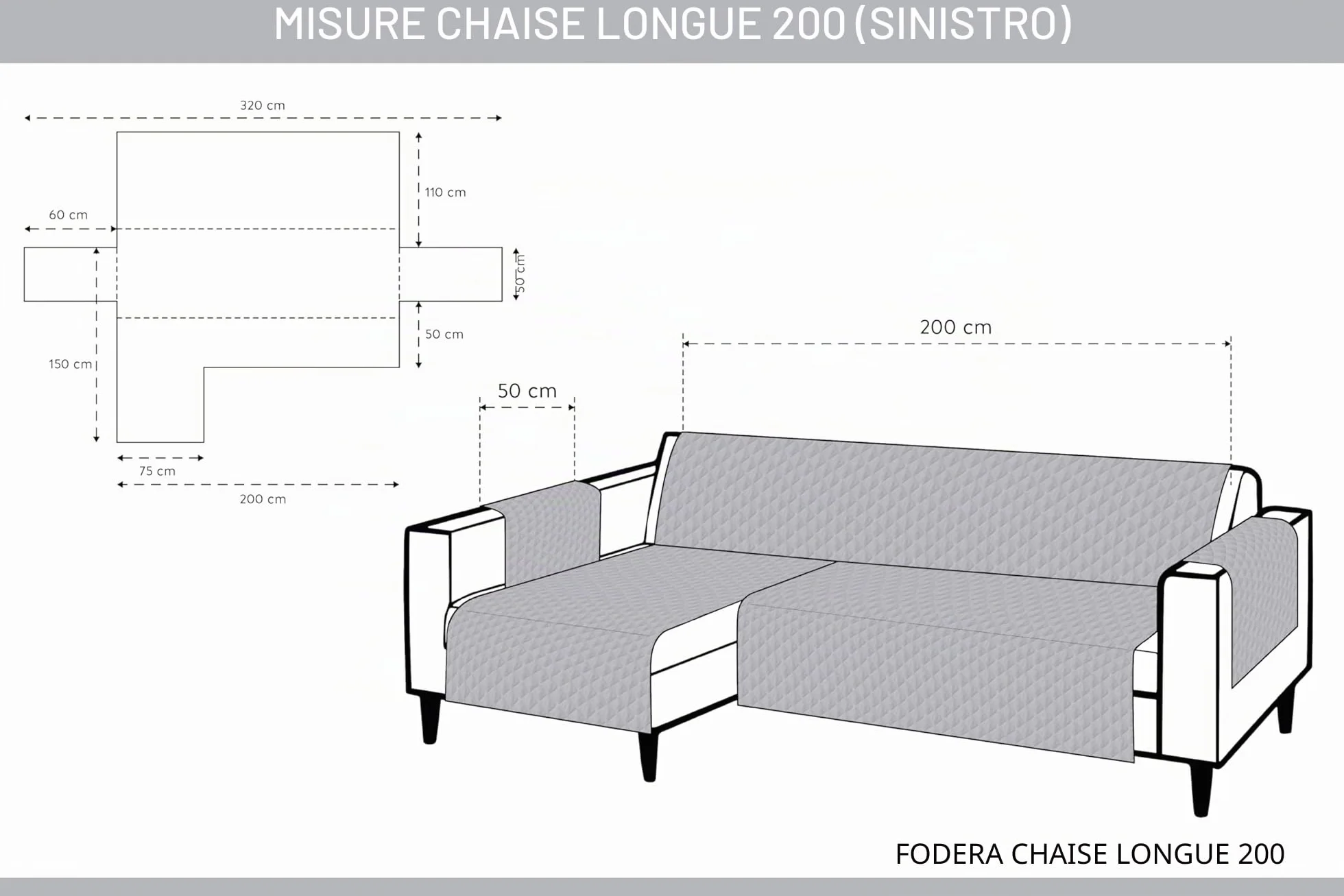 Copridivano 3 Posti con Penisola Sinistra Adele Trapuntato Reversibile Universale Gray 200 cm Antigraffio Antimacchia