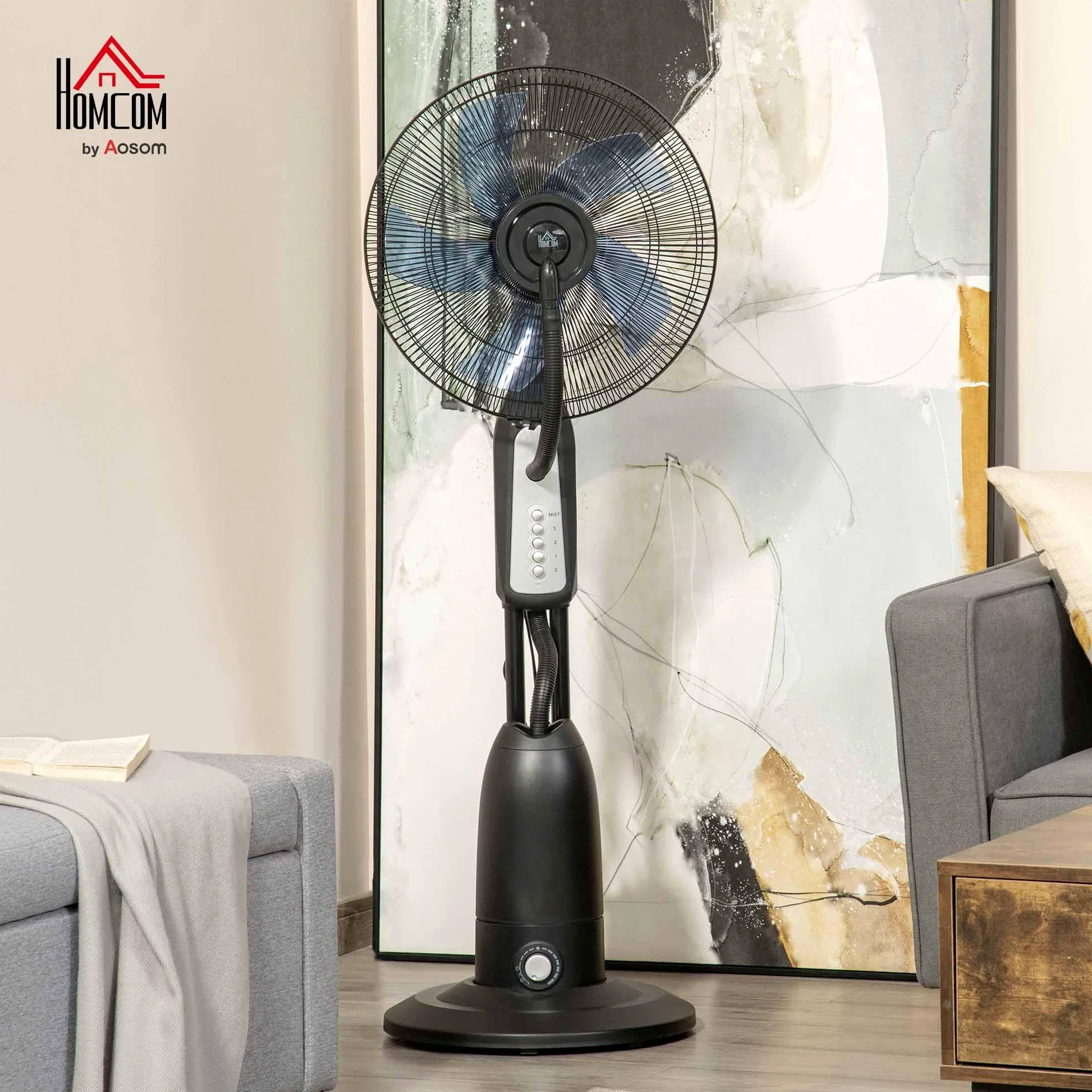 HOMCOM Ventilatore Nebulizzatore 90W con 4 Velocità e Serbatoio 2.8L, Ventilatore a Piantana con 4 Ruote, Metallo PE ABS, 44.5x44.5x120 cm, Argento e Nero