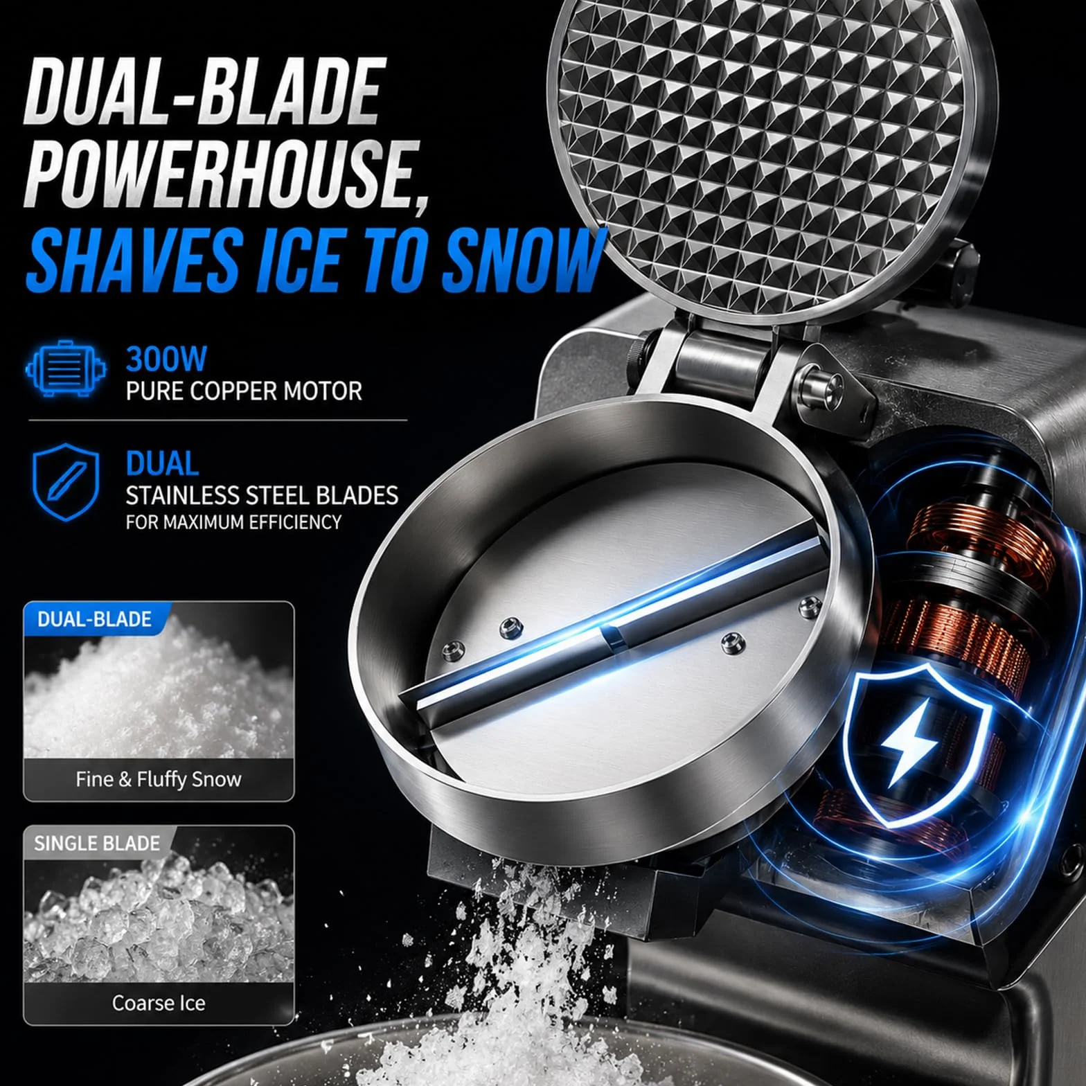 Tritaghiaccio elettrico Macchina per la creazione di coni di neve per uso domestico e commerciale, Aggiorna uscita ghiaccio 16 cm di altezza, doppie lame, 65 kg/h, 300 W/2000 giri/min, argento