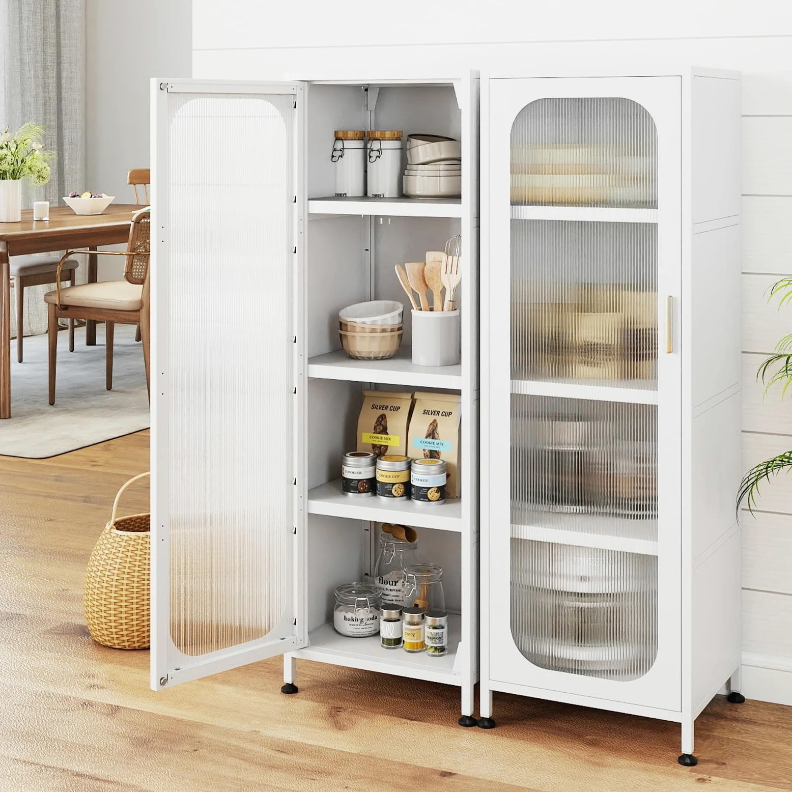 KOMFOTTEU Armadietto da cucina con ruote, a 5 ripiani, con ripiani regolabili, alto con anta trasparente, multiuso, per sala da pranzo, soggiorno, 45 x 40 x 141 cm (bianco)