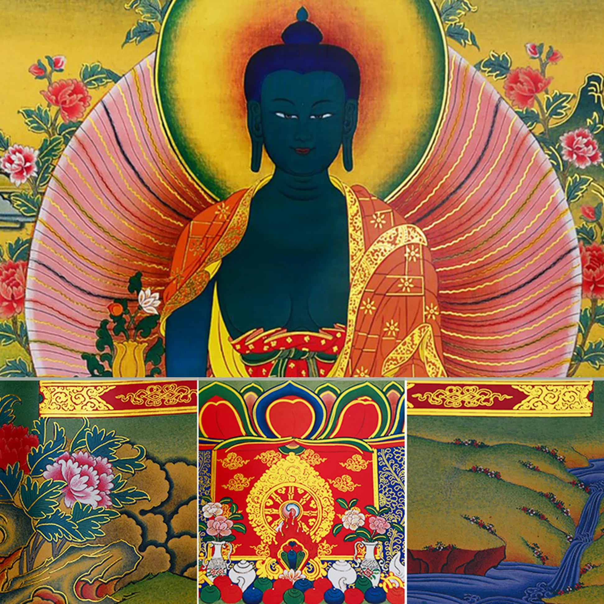 Thangka tibetano, pittura thangka, arazzo buddista, buddismo tibetano tantrico Thangka da appendere alla parete, Bhaisajyaguru, Buddha della medicina, arazzo buddista in broccato stampato a caldo for