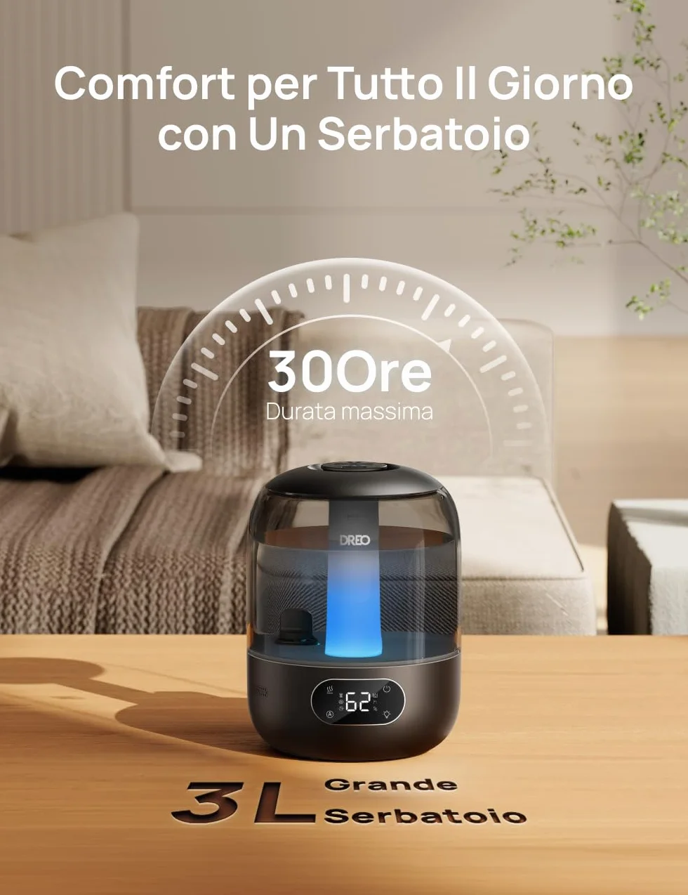Dreo 3L Umidificatore Ambiente Bambini Silenzioso 26dB con Sensore di Umidità, Ultrasuoni Nebbia Fresca, Ugello 360°, 30h Autonomia, Diffusore Oli Essenziali, Luce Ambientale, per Casa e Piante, Nero