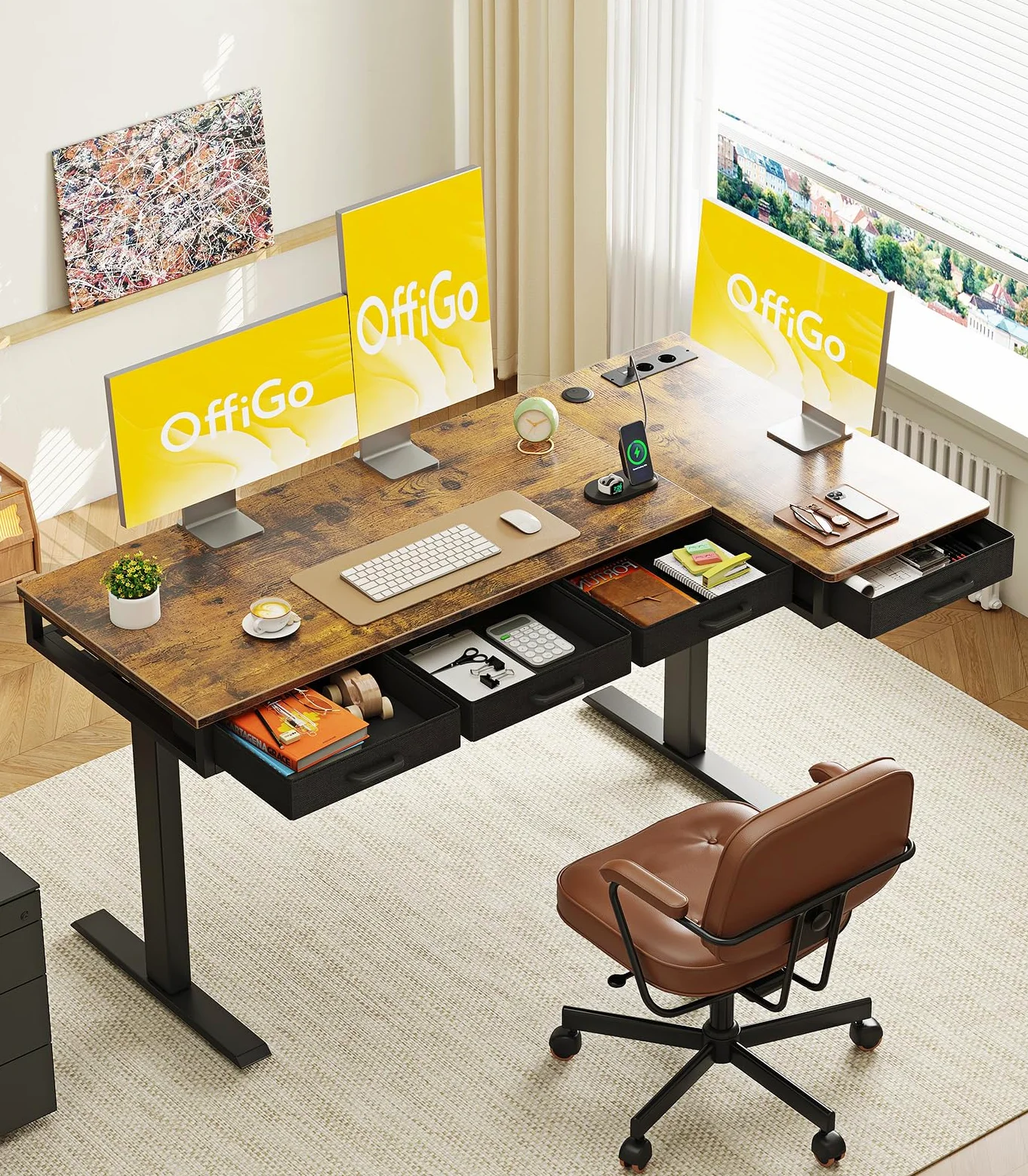 OffiGo Scrivania Angolo Regolabile in Altezza con Cassetti, 140cm, Marrone | Scrivania Angolare Regolabile con Presa per di ricarica USB, Standing Desk a L per Ufficio e Studio, porta Canalina Nascosta