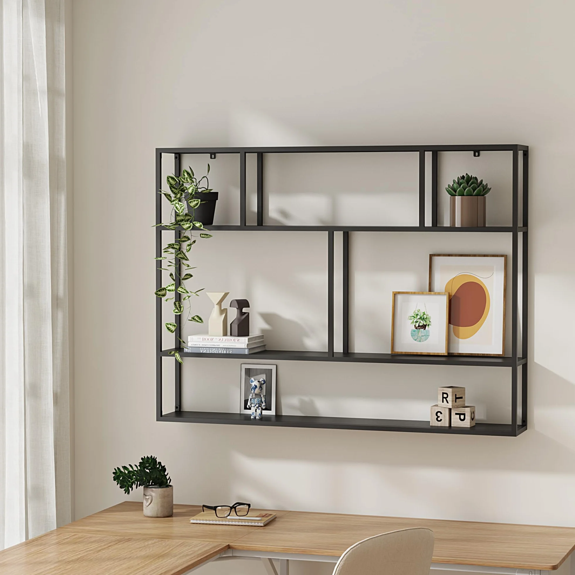 [en.casa] Scaffale da Parete con Scomparti Aperti Scaffale Pensile in Acciaio Mensola da Muro Libreria da Parete Stile Industriale 90 x 120 x 18 cm - Nero, opaco
