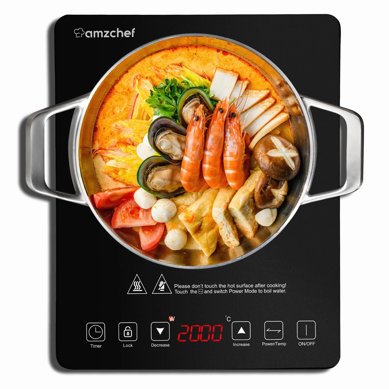 AMZCHEF Piastra a Induzione Singolo da 2000 W con 20 Livelli di Potenza e di Temperatura, Controllo Sensore Tattile, Blocco di Sicurezza, timer