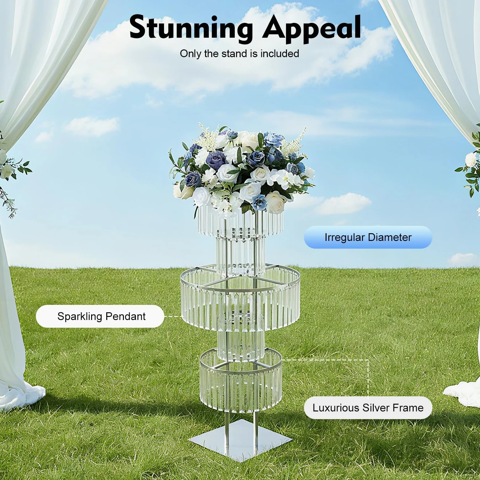 5 livelli di cristallo per matrimonio, colonna di fiori, altezza 110 cm, supporto decorativo in metallo, per matrimonio, fidanzamento, compleanno, decorazione da tavolo, argento