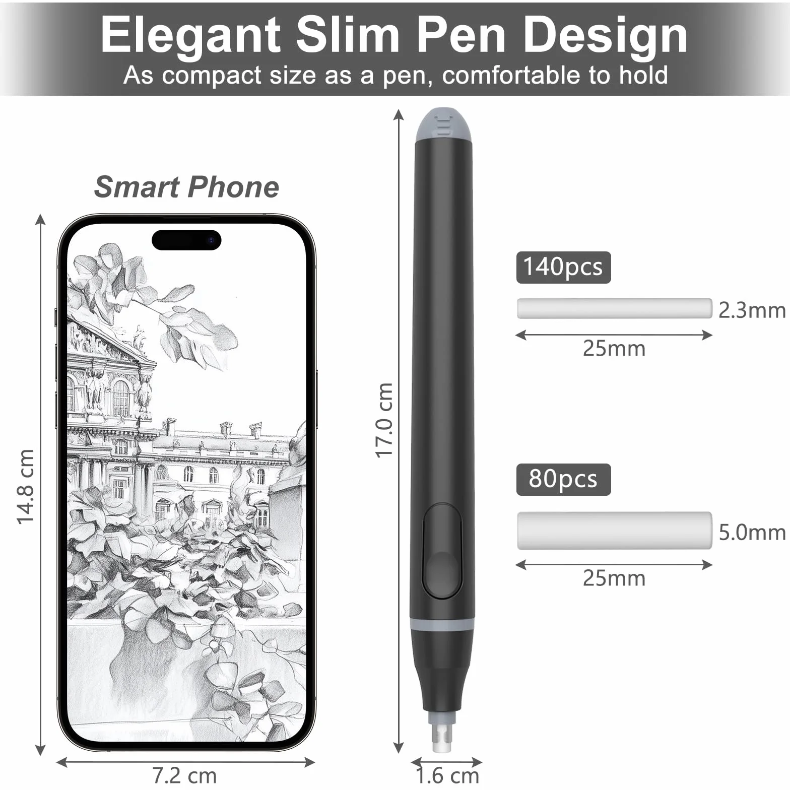 Gomma Elettrica Cuteefun, 220 Ricariche, 2 Dimensioni, Batteria, Precisione per Disegno, Nero
