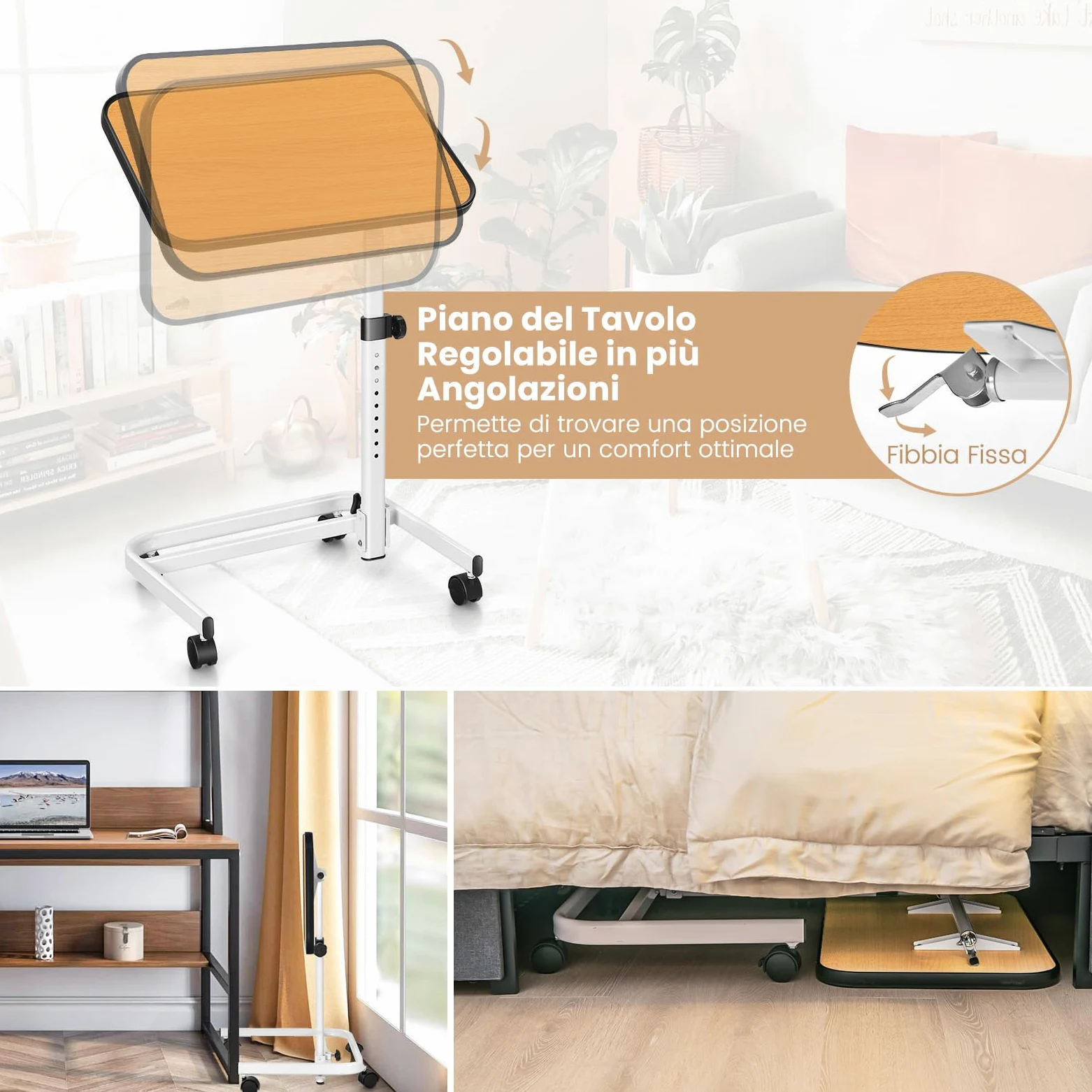 COSTWAY Tavolino da Letto e Divano con Ruote Bloccabili, Tavolino Porta PC con Altezza Regolabile in 9 Posizioni e Piano Inclinabile, Tavolino Servitore Letto per Mangiare e Lavorare (Legno)