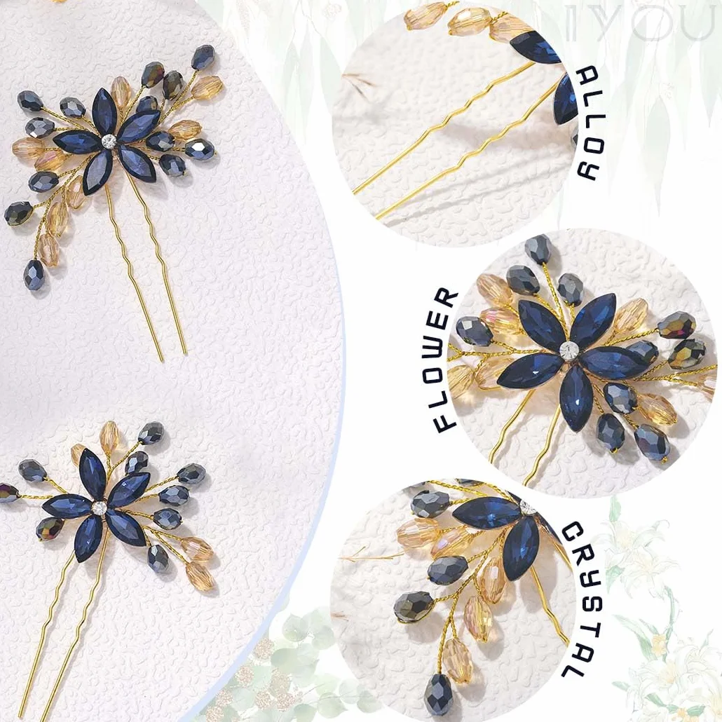 Strass Matrimonio Fermagli Capelli Blu Marina Fiore Cristallo Barocco Damigella D'onore Prom Accessori Donne Confezione da 2
