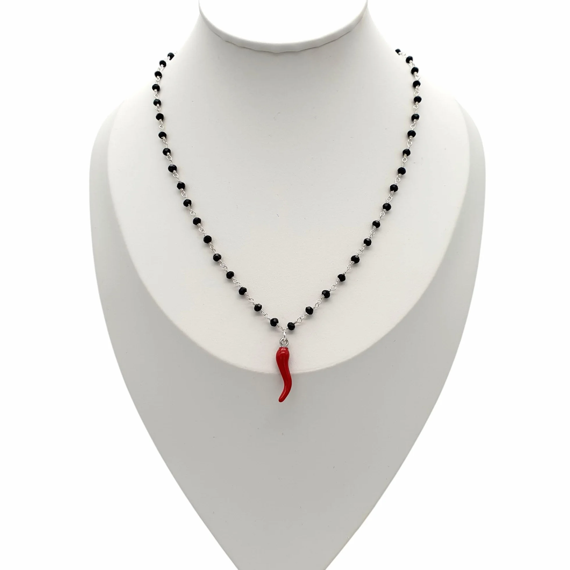 Collana Donna Corno Rosso Portafortuna Cristalli Neri Girocollo Stile Rosario Napoletano Ciondolo Cornetto Smaltato Rosso