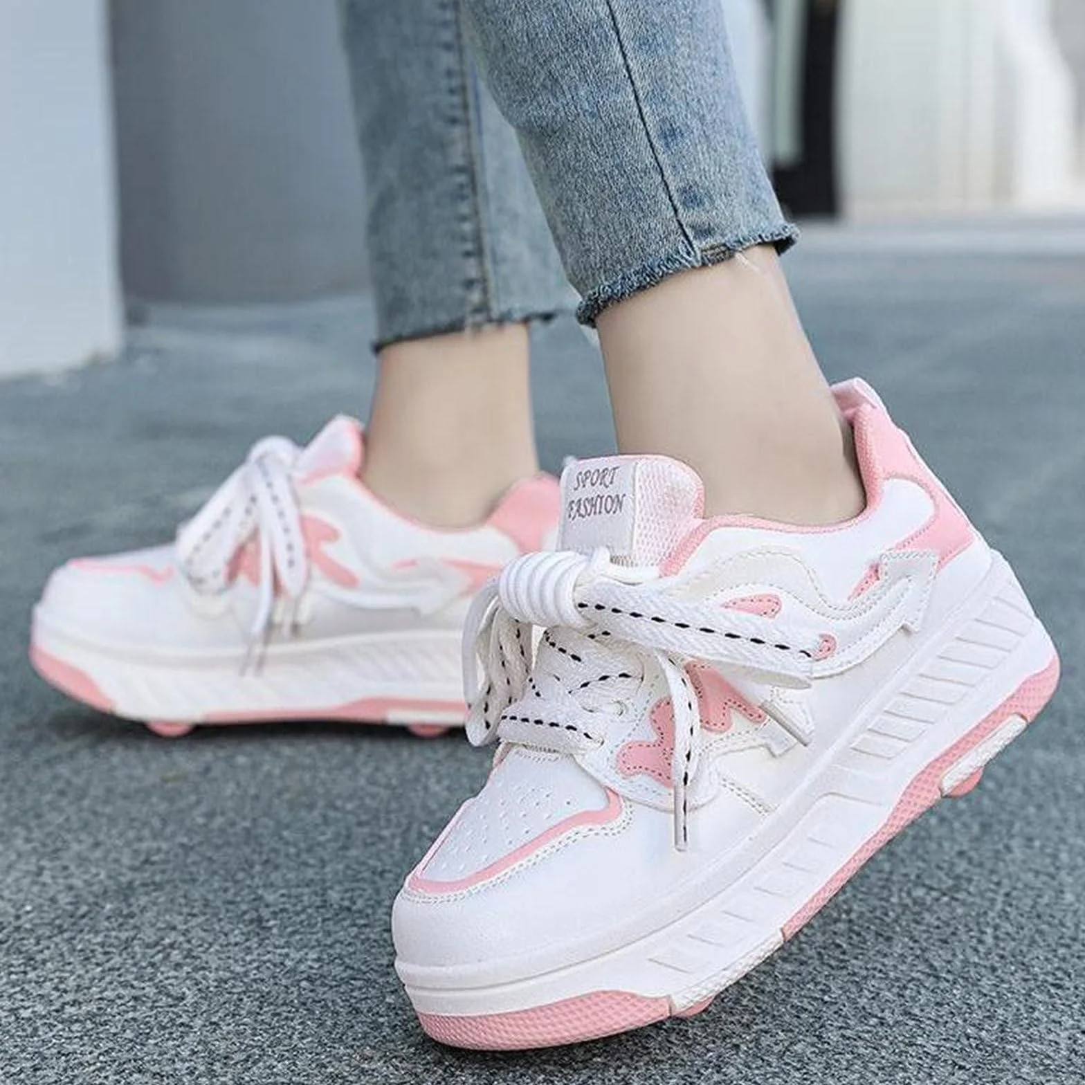 Surwin Scarpe con Rotelle Bambino, Quattro Ruote Scarpe con Ruote Posteriori Retrattili, Fiocco a Nodo Sneaker con Rotelle Bambini Ragazzo Ragazza Unisex Sneaker Skateboard Traspirante