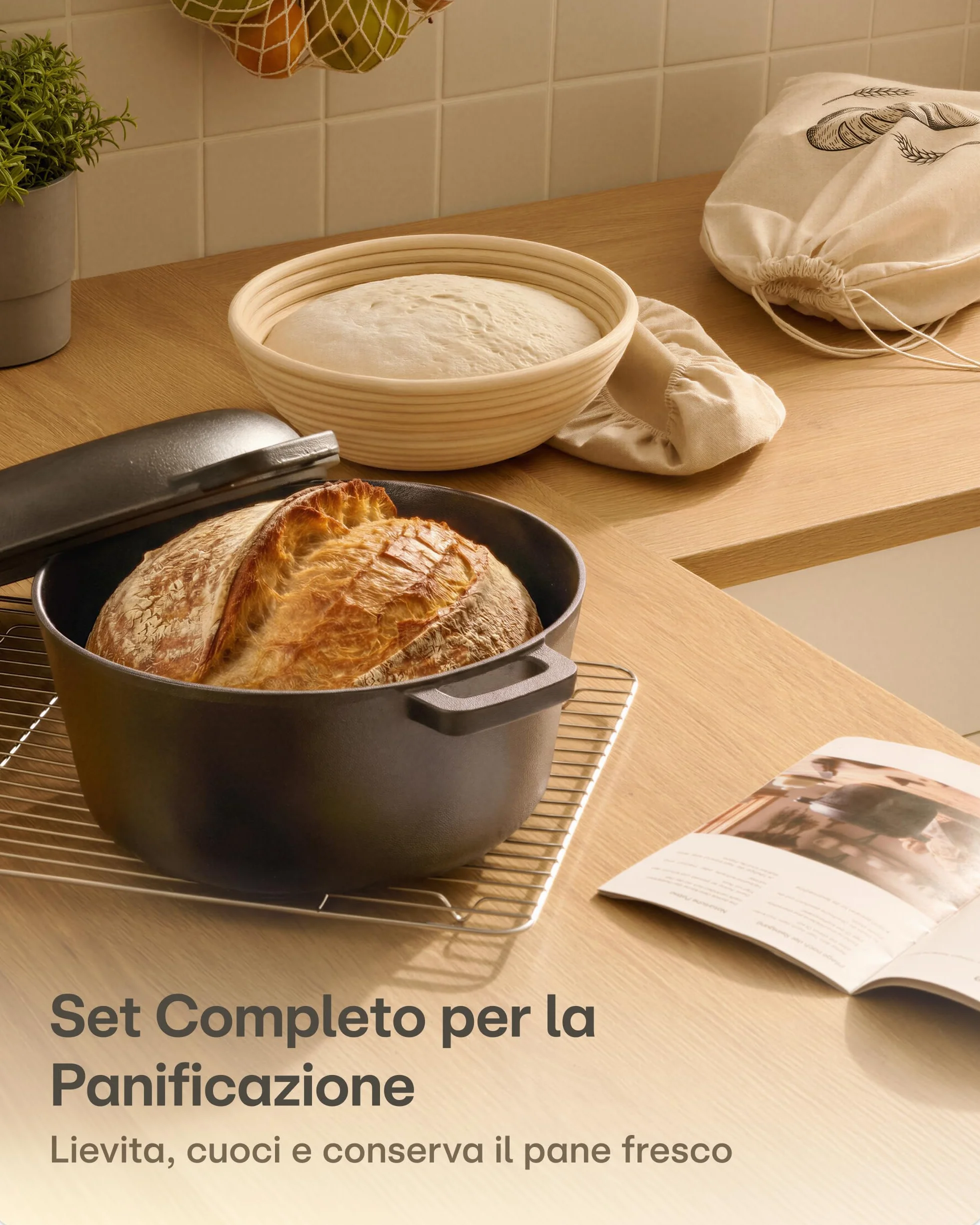 Praknu Pentola Ghisa 26 cm – Casseruola In Ghisa Set – con Cestino Lievitazione & Sacchetto Per Pane – Coperchio Incluso – 4,7 L Dutch Oven