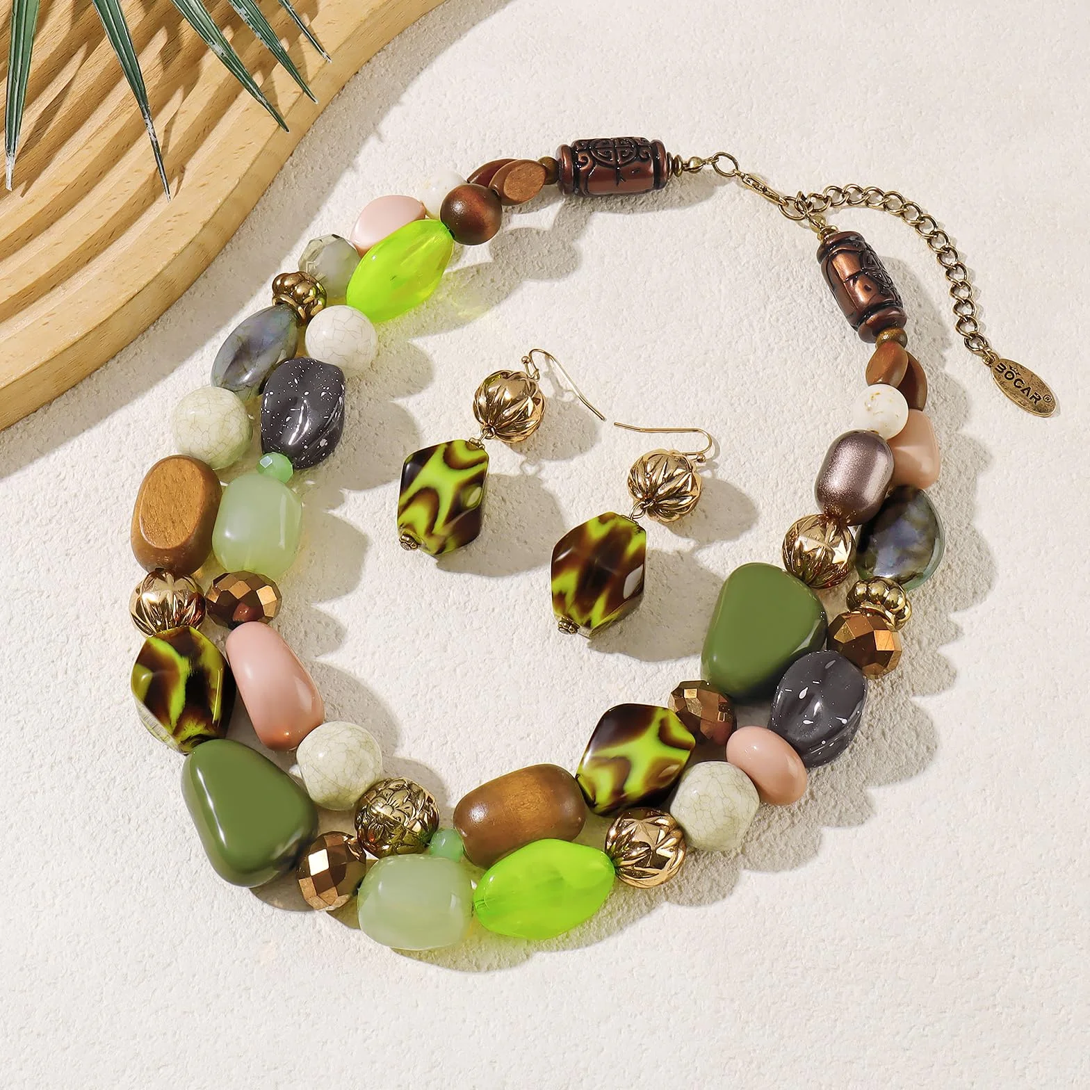 Bocar Collana a 2 strati con perline grosse alla moda, idea regalo per donne, Legno Vetro Resina Acrilico, Nessuna pietra preziosa (NK-10384)