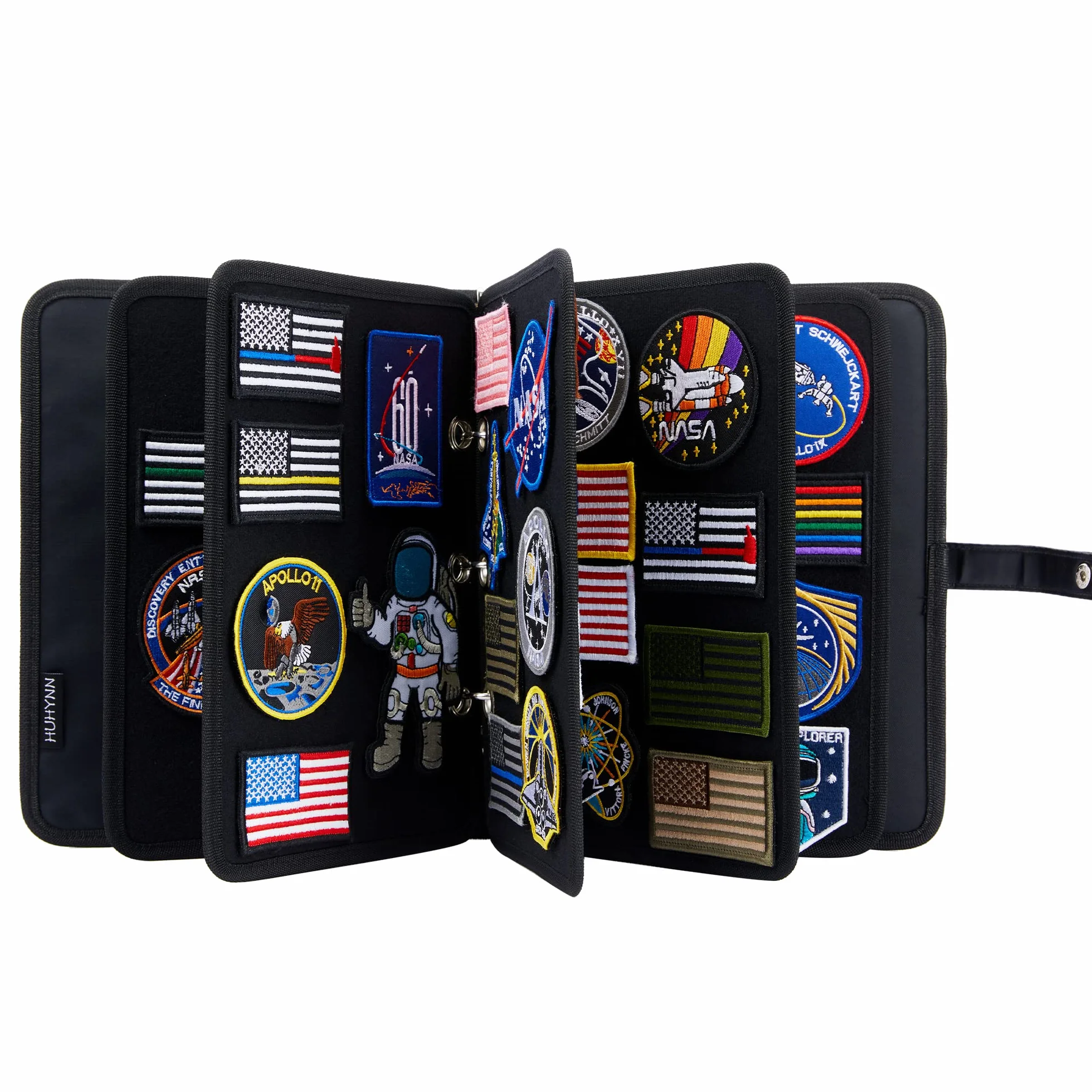 Espositore per toppe, organizer per opuscoli con pagine a scatto, per collezioni di patch con gancio e anello, raccoglitore a 3 anelli con 5 pannelli porta patch (solo borsa) (nero)