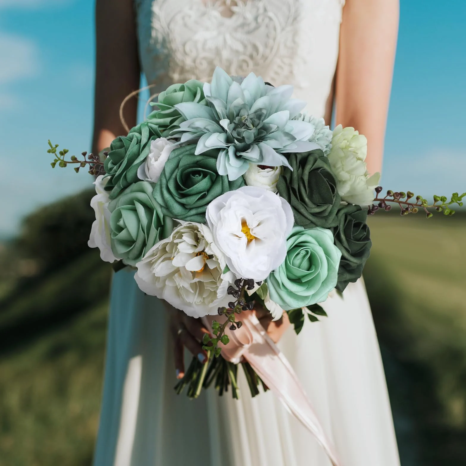 Kisflower Set di fiori artificiali verdi con steli, per bouquet da sposa fai da te, decorazioni per la casa