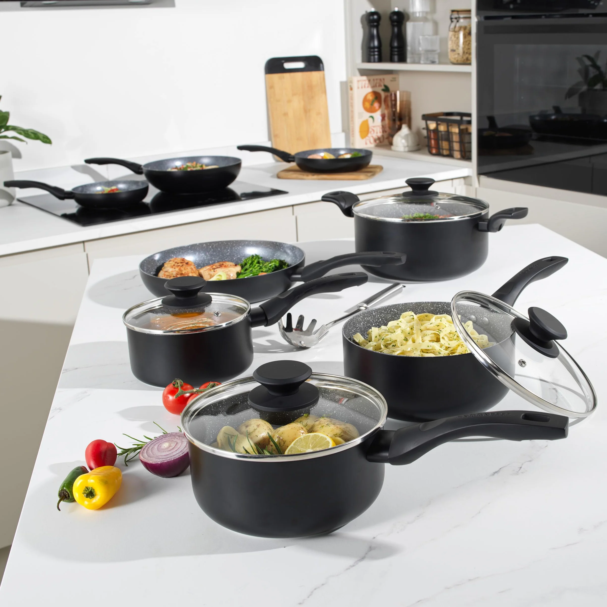Progress Marble Ceramic Casseruola - 24cm Rotonda Cocotte Pentola Con Coperchio, Antiaderente, per Adatto a Piani di Cottura, alluminio Pentola multifunzionale con impugnature doppie