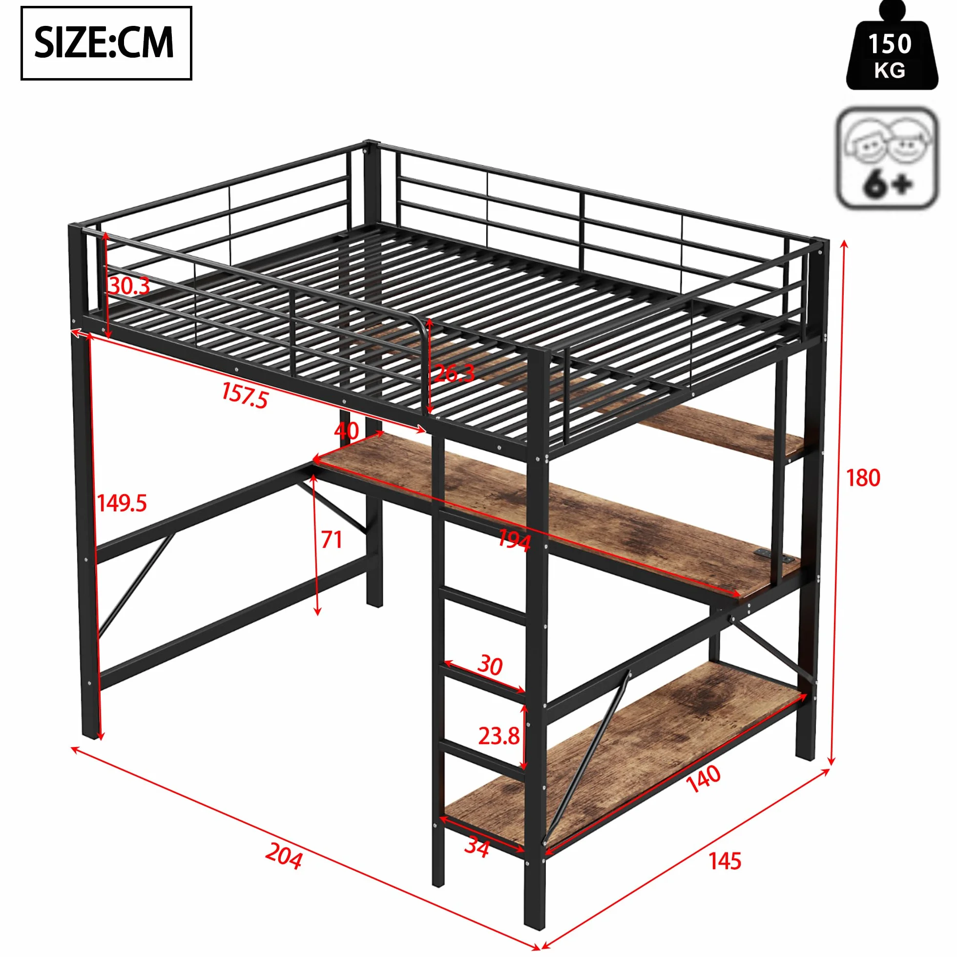 Letto a soppalco per bambini 140 x 200 cm,letto a castello matrimoniale 140x200 in metallo con prese USB e elettriche, con illuminazione a LED,scrivania,con sponde e scaletta,diversi ripiani,Nero