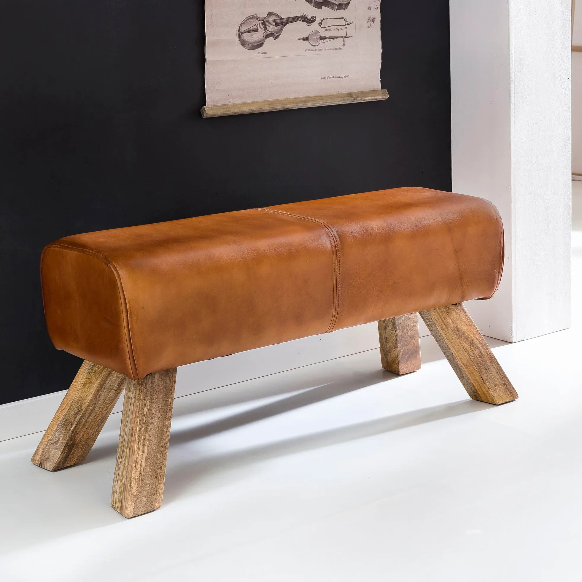 FineBuy Panchina da Interno 90x43x30 cm Vera Pelle/Legno Massiccio Panchetta | Panca da Cucina | Panche Corridoio Imbottita Rustica