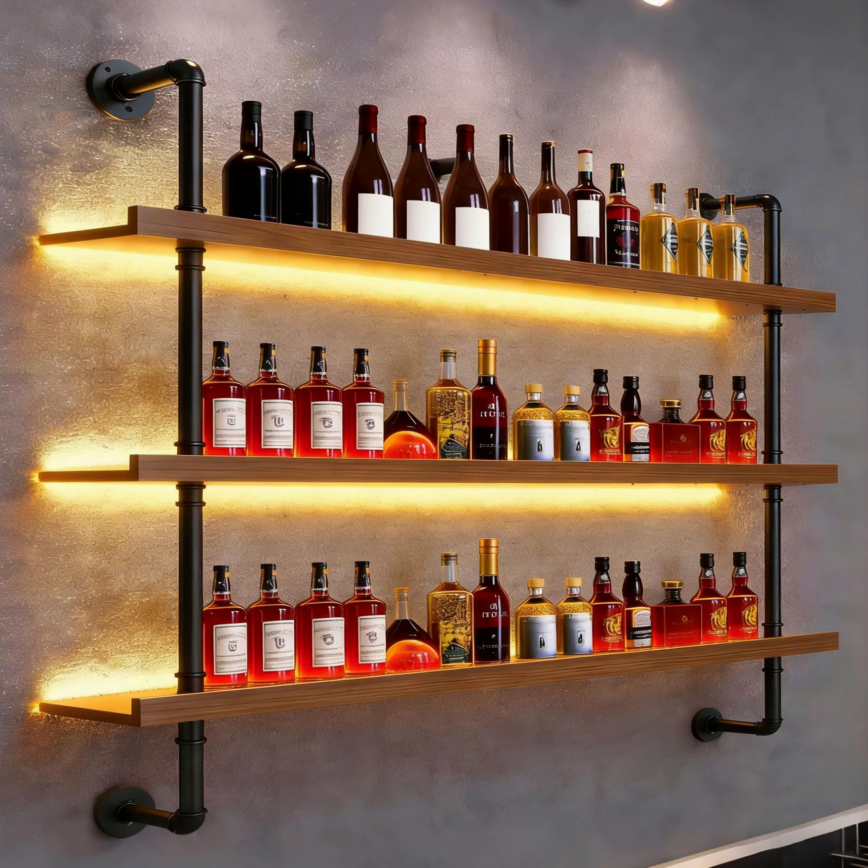 Portabottiglie da Parete in legno Massello, Grande Espositore per Bottiglie di Vino in Industriale Vetrinetta da Bar Con Luce LED,Scaffale Galleggiante Per Cucina, Bar, Caffetteria (80cm)