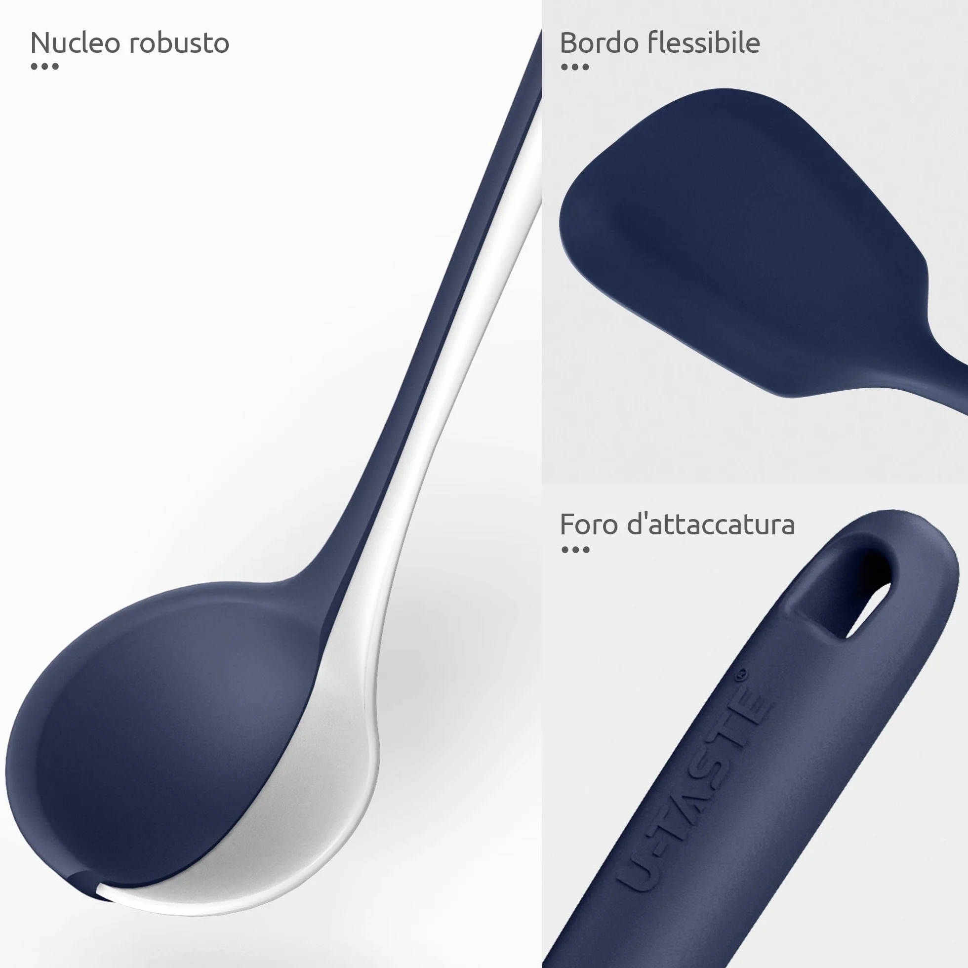 U-Taste Utensili da cucina in silicone extra lunghi 315℃, Spatole, cucchiai e mestolo antiaderente (5 Pz, Blu notte)