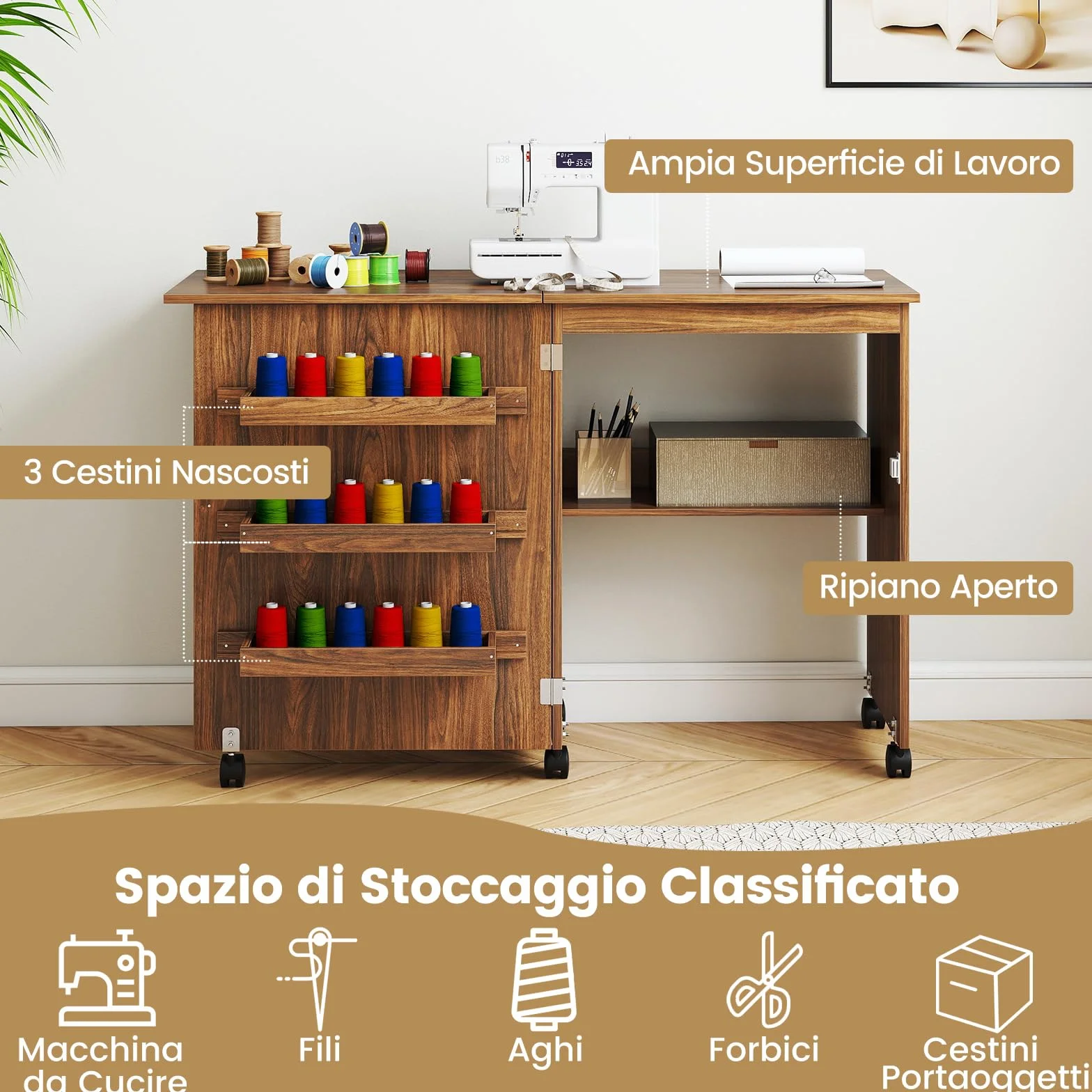 COSTWAY Mobile per Macchina da Cucire Pieghevole, Tavolo da Cucito con Ruote Bloccabili e Ripiani Portaoggetti, Tavolo per Macchina da Cucire Multiuso da Studio e Salotto (Marrone Scuro)