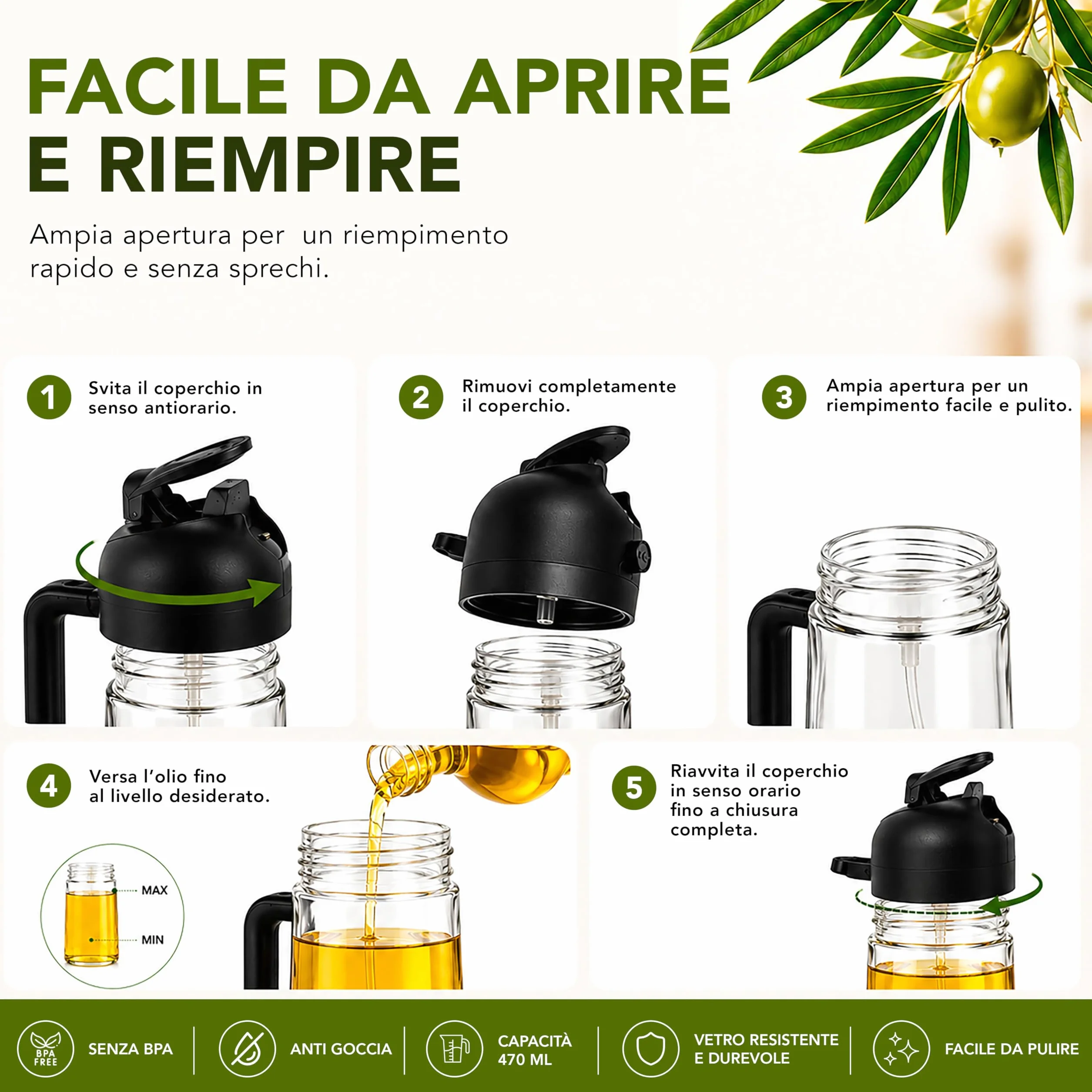 Spruzzino Olio per Friggitrice ad Aria 470 ml, Dispenser Olio 2 in 1 Spray e Versamento, Oliera Spray in Vetro