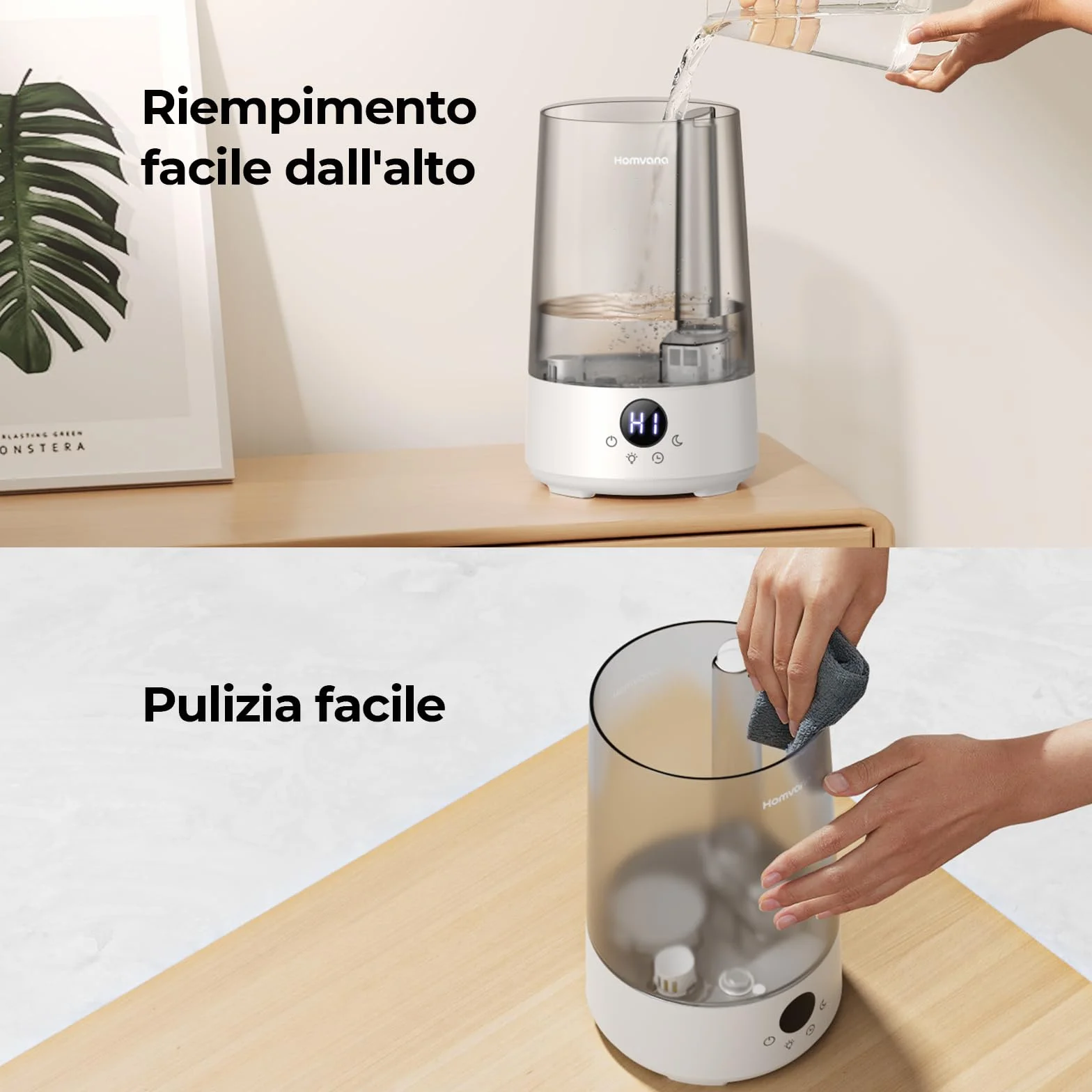 Umidificatore Ambiente Bambini Homvana 3.6L, 360°Cool Mist 16dB Silenzioso for Baby, Piante Dura da 34H, Auto Sleep Modo, con Luce e Aromaterapia Top-Fill, Facile da Pulire, Oli Essenziali (Grigio)