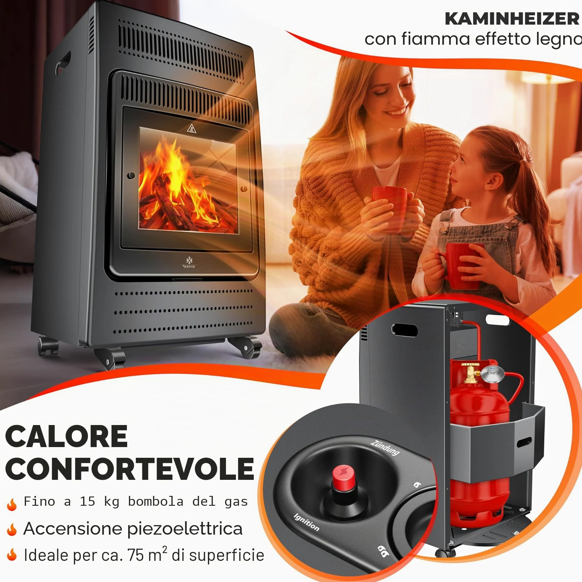 Kesser Stufa a 3,4 kW, con regolatore di pressione, tubo gas, 2 livelli di riscaldamento a infrarossi, 3400 W, riscaldamento fino a 11 kg bombole