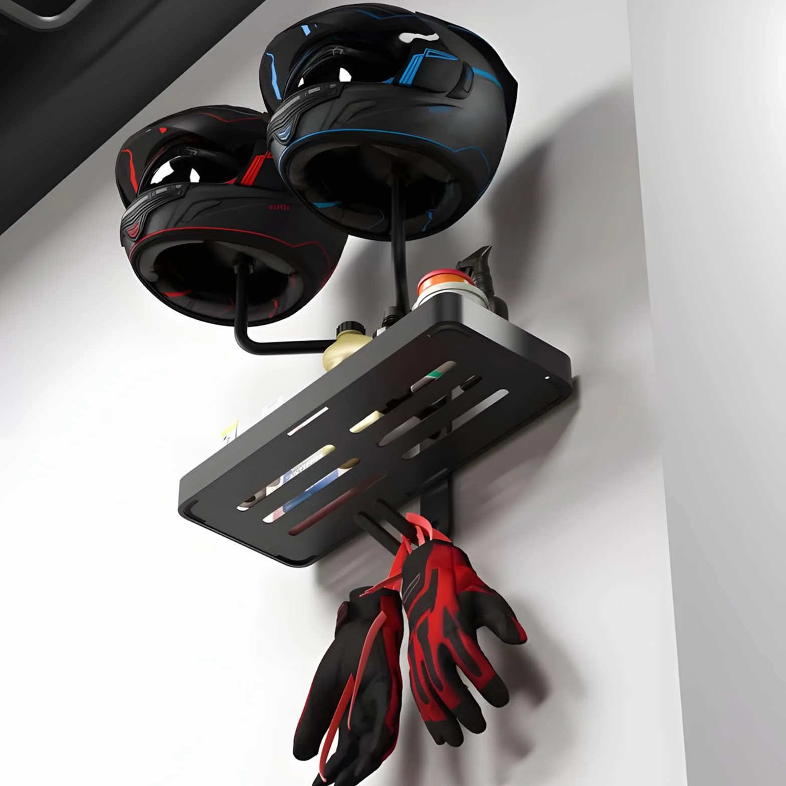 Portacasco Moto da Parete Multifunzione 180° con Ganci per Caschi Cappelli Parrucche