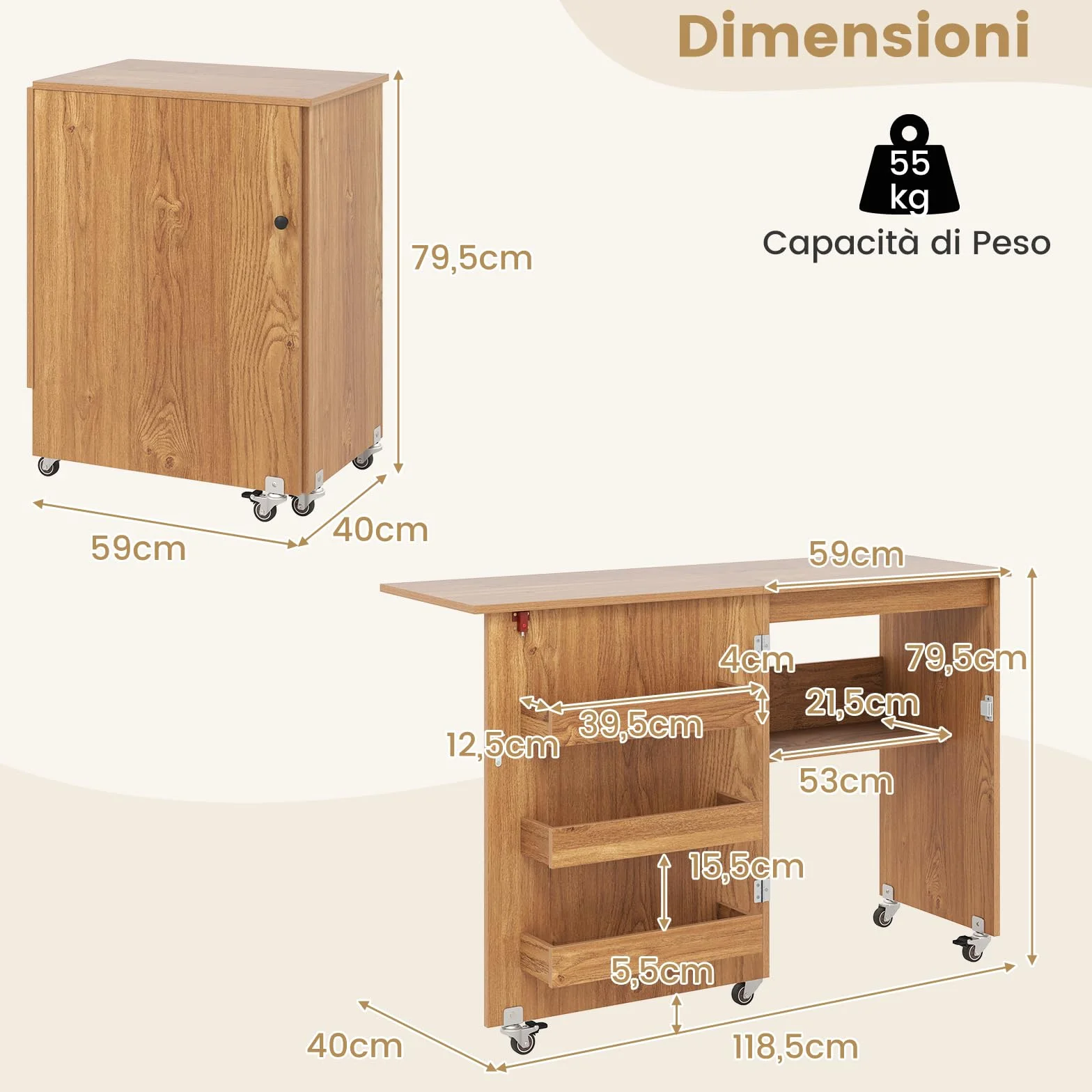 COSTWAY Tavolo da Cucito Pieghevole, Mobile per Macchina da Cucire con Ripiano Portaoggetti, 3 Scomparti Nascosti e Ruote Bloccabili, Mobile Multiuso per Piccoli Spazi (Legno, 118,5 x 40 x 79,5 cm)