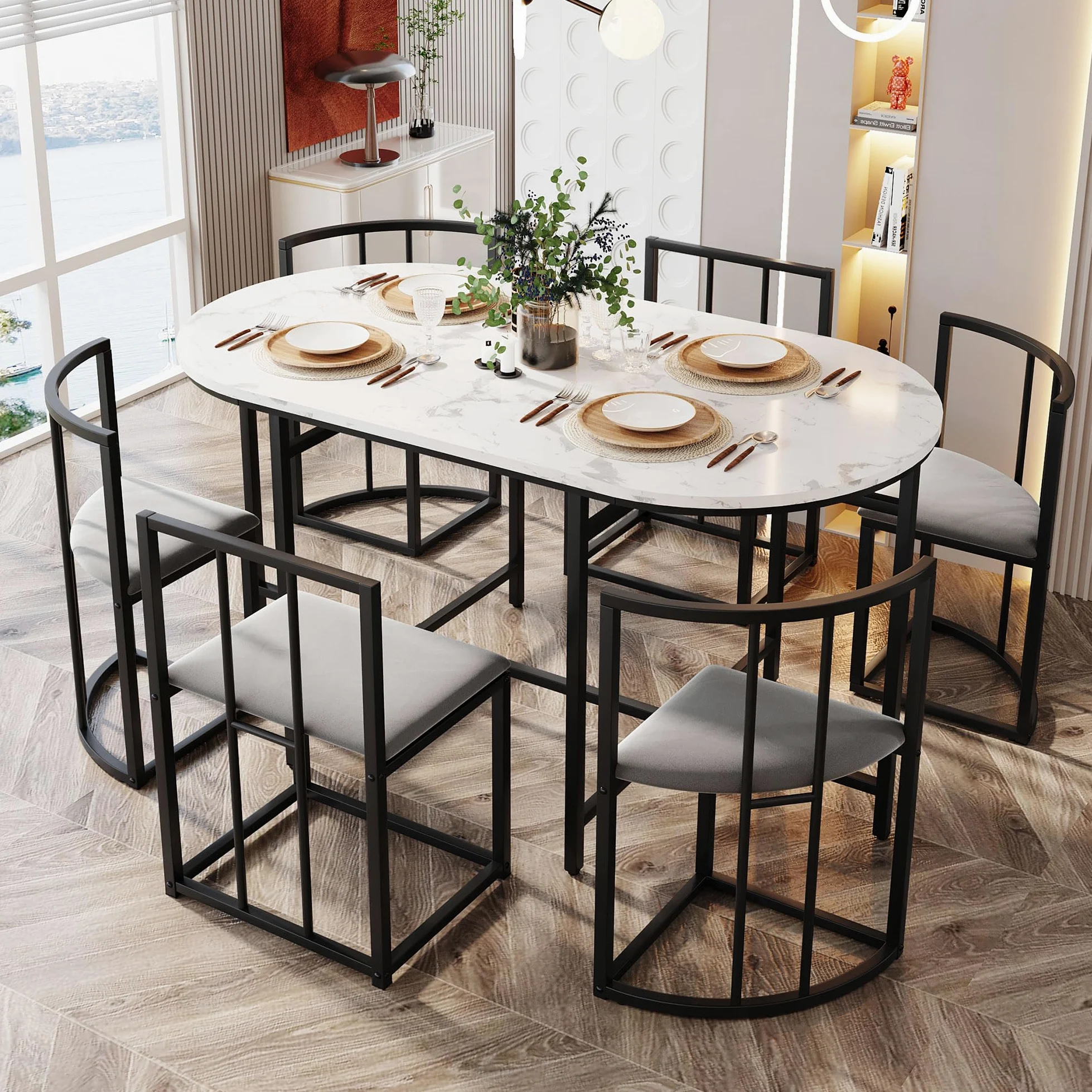 Set da pranzo, tavolo bianco, sedie con 6 schienali e imbottiture grigie, struttura in ferro, tavolo da pranzo e sedia, moderna combinazione di tavolo da pranzo (nero)