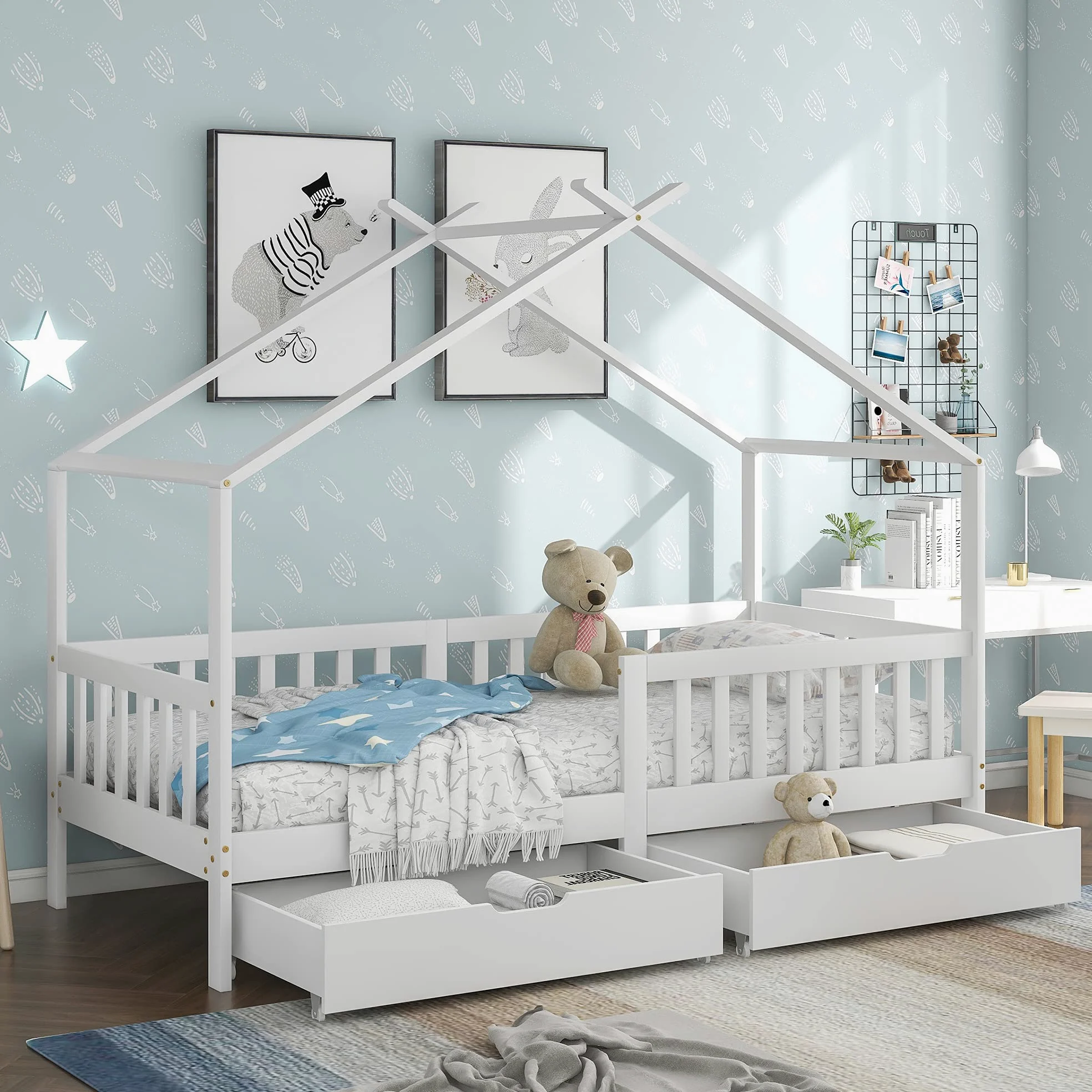 Letto Casetta per Bambini 90x200cm, Lettino Montessori con 2 Cassetti, Struttura in legno massello con Rete a Doghe, Cameretta Ragazzi, letto a Forma di Casa