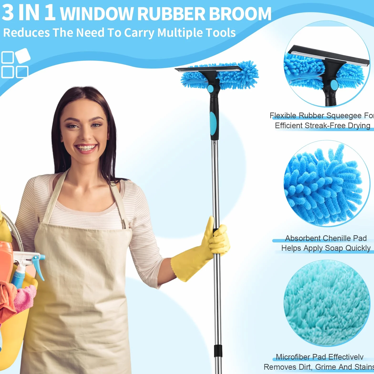 Raschietto per Vetri Professionale 2 in 1, Kit Pulizia Vetri con Manico Telescopico 240 cm, Testa Flessibile, Blu