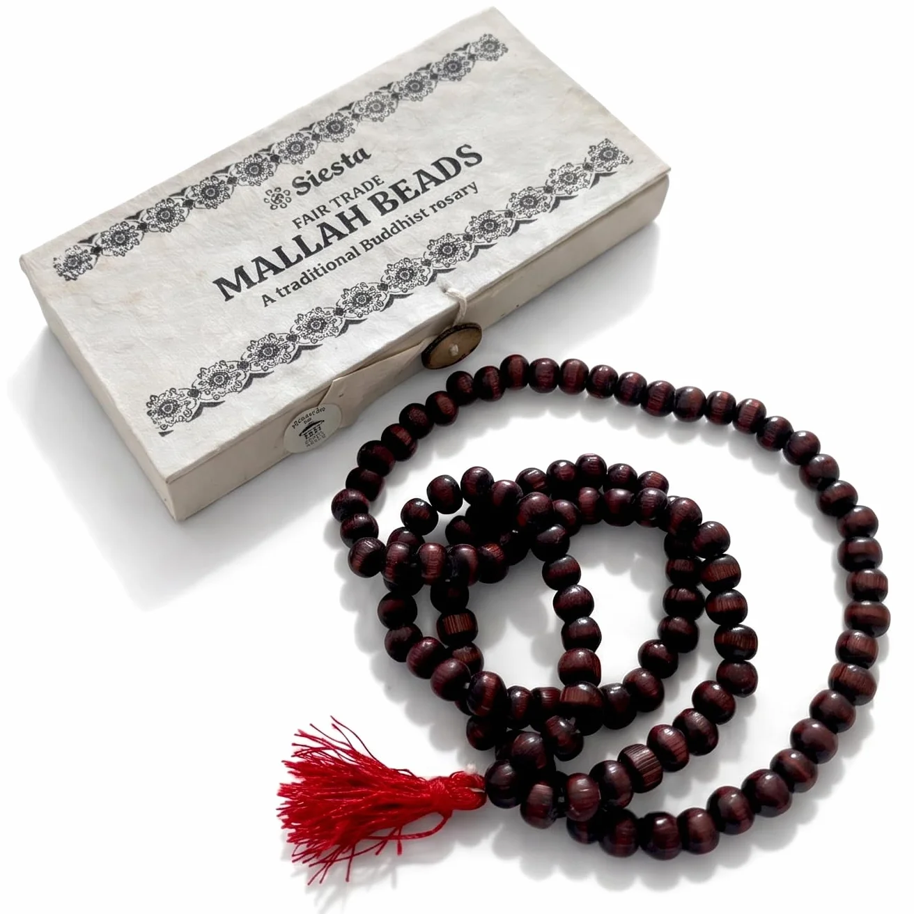 Siesta Collana Mallah Mala 108 perline legno Uttis rosario buddista nappa rossa scatola regalo Lokta