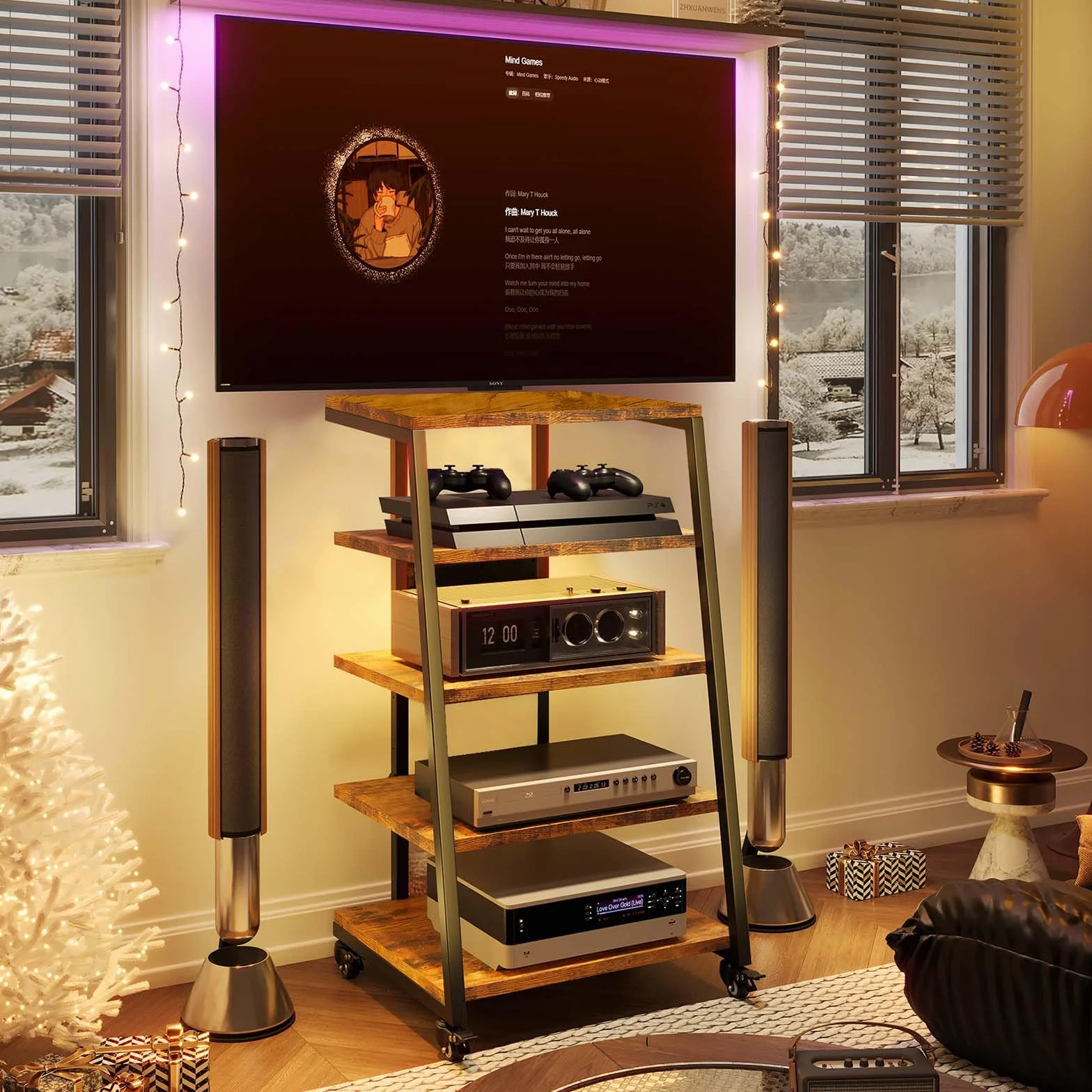 HiFi Rack a 5 livelli con ruote, giradischi, tavolo con ciabattine, luci a LED, ripiano regolabile in legno, supporto multimediale HiFi per impianto audio, impianto stereo, 60 x 52 x 110 cm