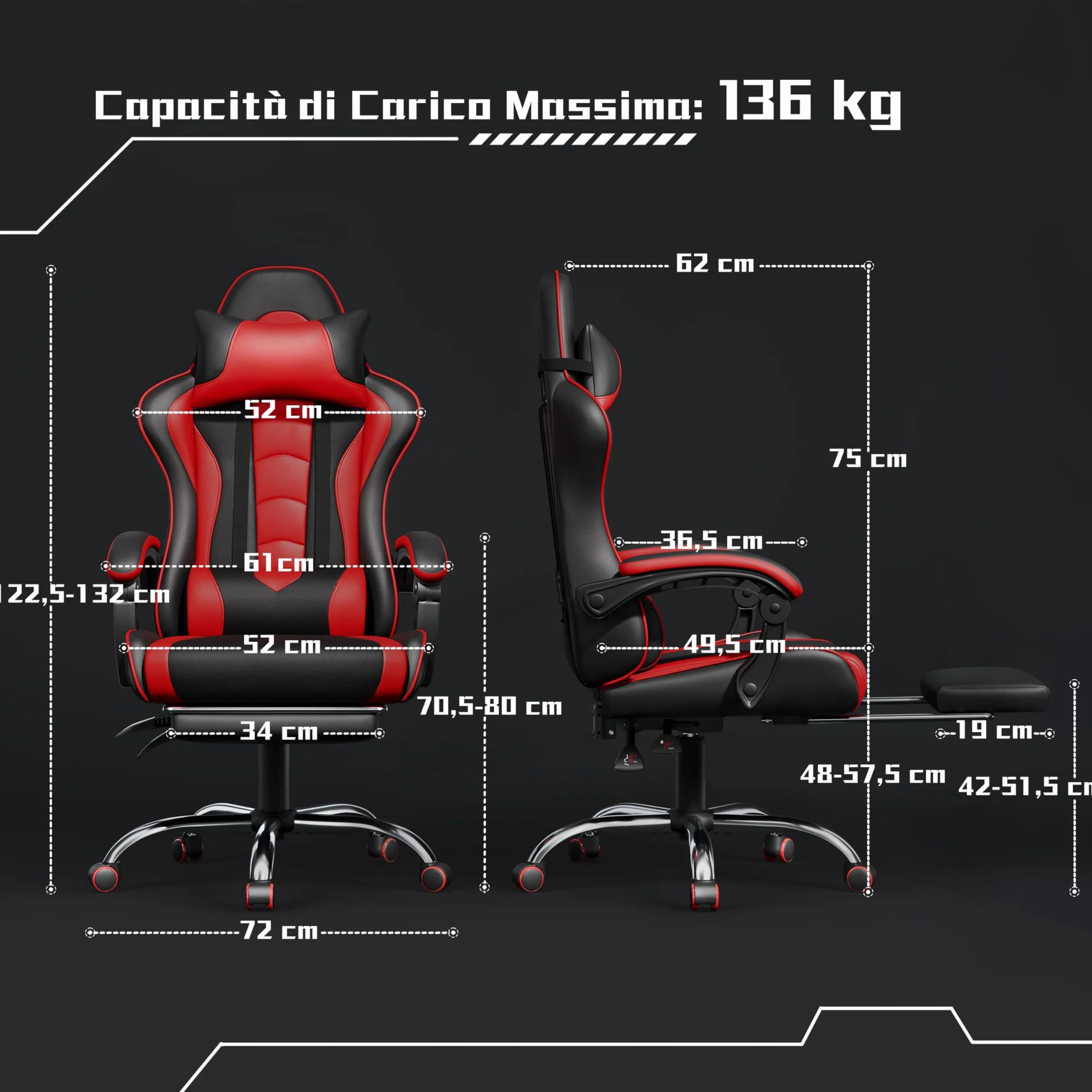 Yaheetech Sedia Gaming Ergonomica Massaggiante Reclinabile con Poggiapiedi Poggiatesta e Supporto Lombare Braccioli Imbottiti in Finta Pelle, Poltrona Gamer da Scrivania con Ruote Girevole Rosso