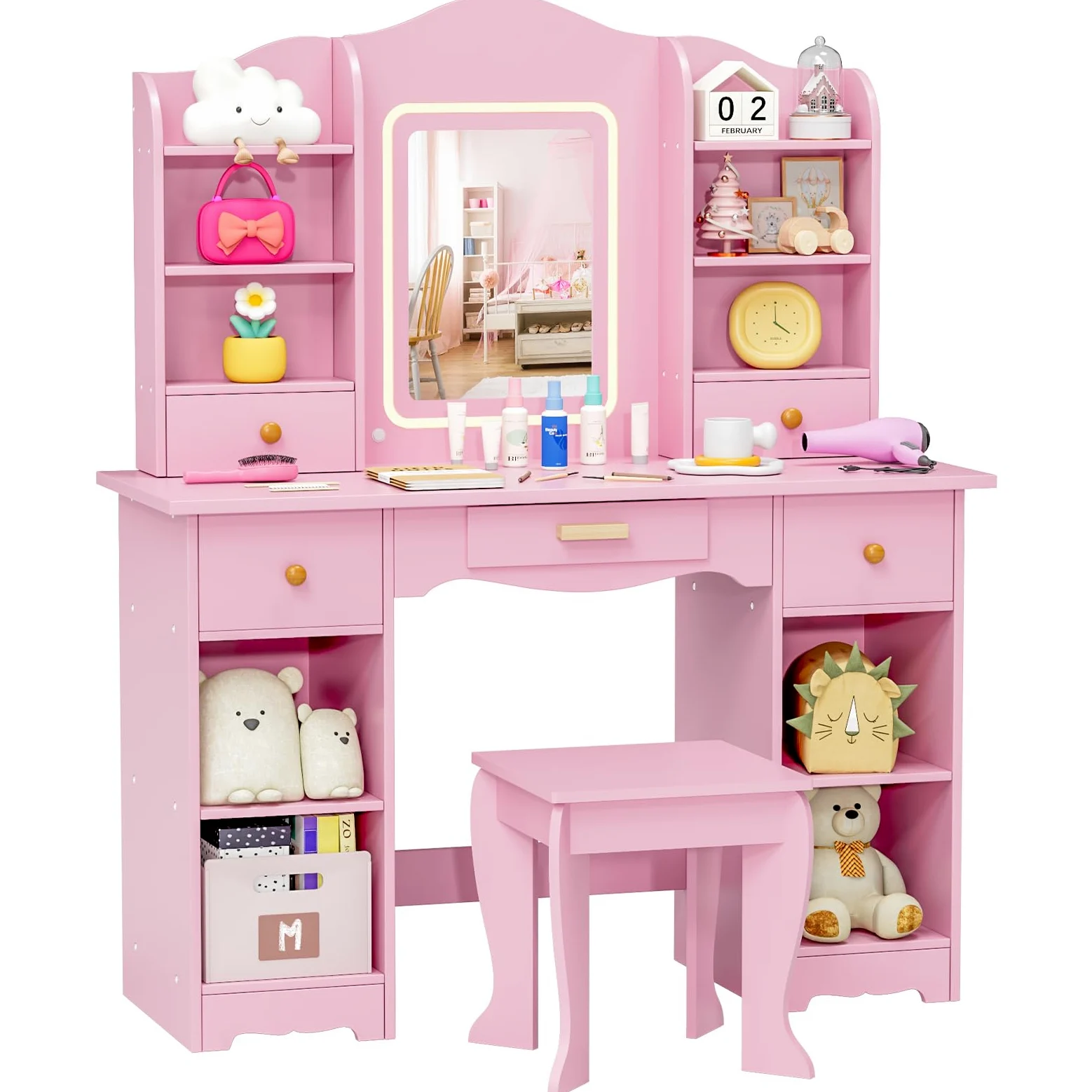 MAMIZO Toeletta Trucco Bambina con Sgabello LED, Toeletta per Bambini con Sedia, 5 Cassetti e 10 Scomparti Portaoggetti, 3 Modalità di Illuminazione Regolabili, 95x34x118cm, Rosa