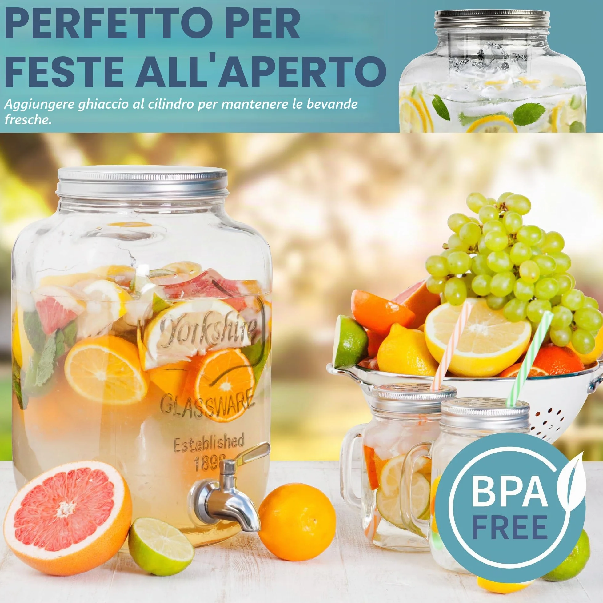 HEFTMAN Distributore bevande vetro 3,7 litri rubinetto acciaio inox a prova di perdite cilindro ghiaccio
