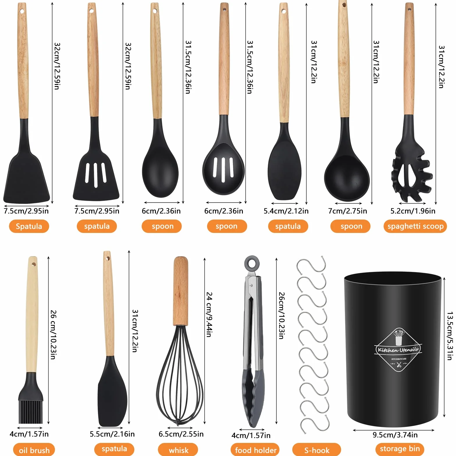Utensili Cucina Silicone, 22 Pezzi Resistente al Calore Antiaderenti Utensili da Mestoli Cucina in Silicone con Manico in Legno - 10 Ganci a S, Lavabili in Lavastoviglie Nero