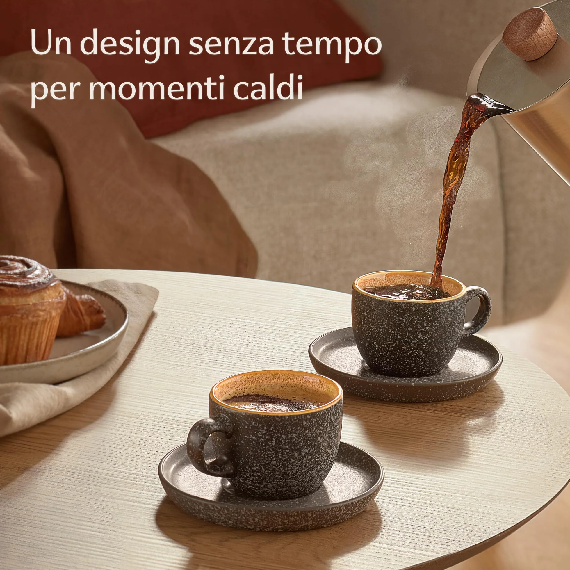 Set di 4 Tazzine da Espresso con Piattini 90ml in Ceramica Gres Spesso Smalto Reattivo Artigianale Giallo