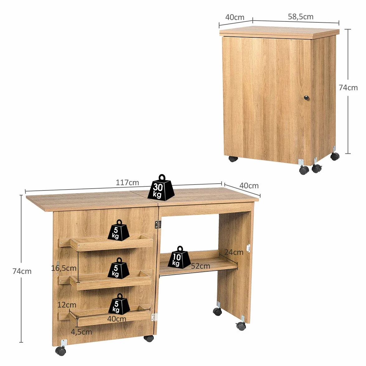 GOPLUS Mobiletto Cucito Pieghevole con Mensole e 5 Ruote Armadietto per Cucito Tavolo Allungabile per Macchina da Cucire 117x77x40 cm (Legno)