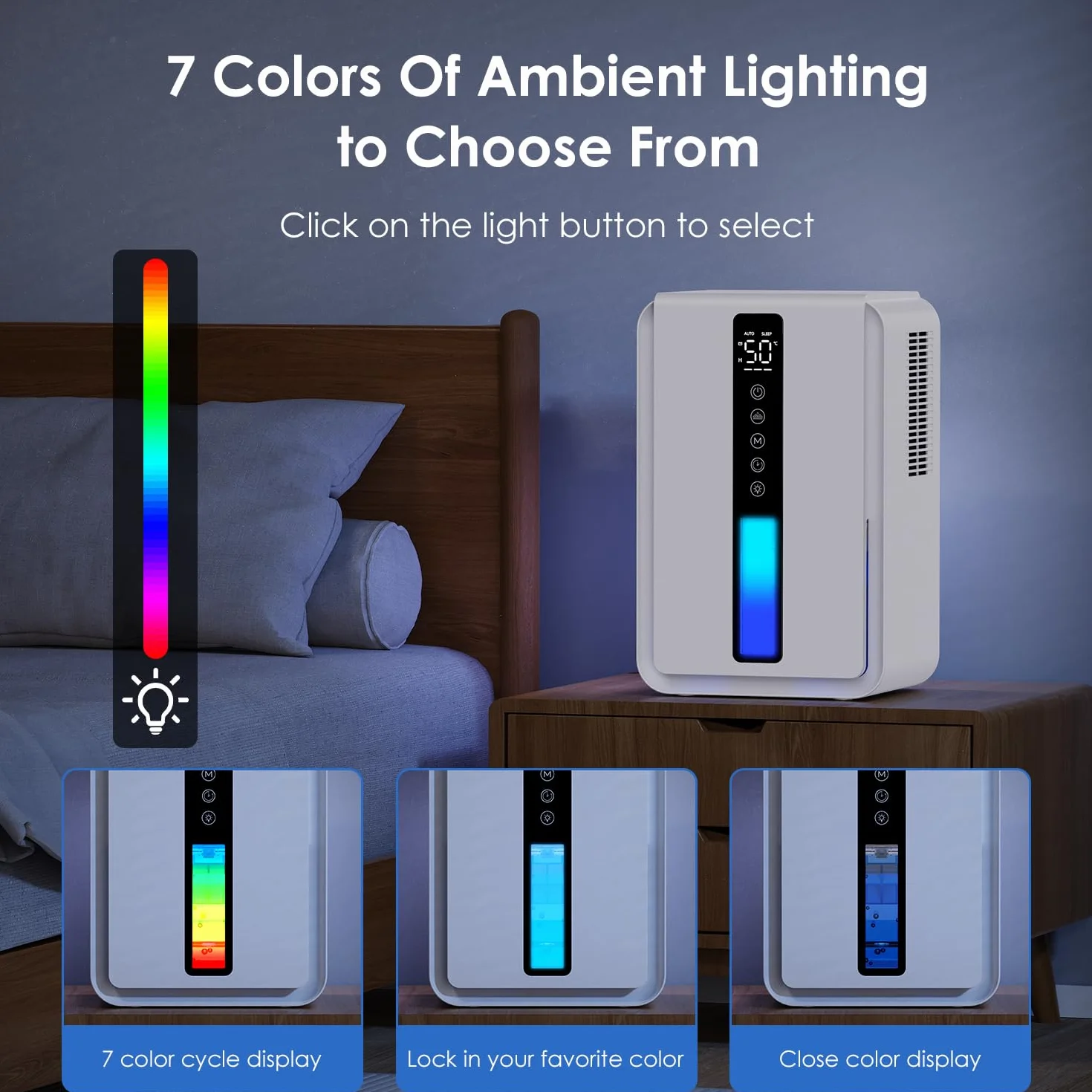 Deumidificatore Casa con 2500ml, Deumidificatore Casa Muffa con Modalità Sospensione e Timer 6-48 Ore, Controllo Umidità Automatico (≥50% RH),7 Luci RGB, Protezione da Overflow, Defrost Automatico