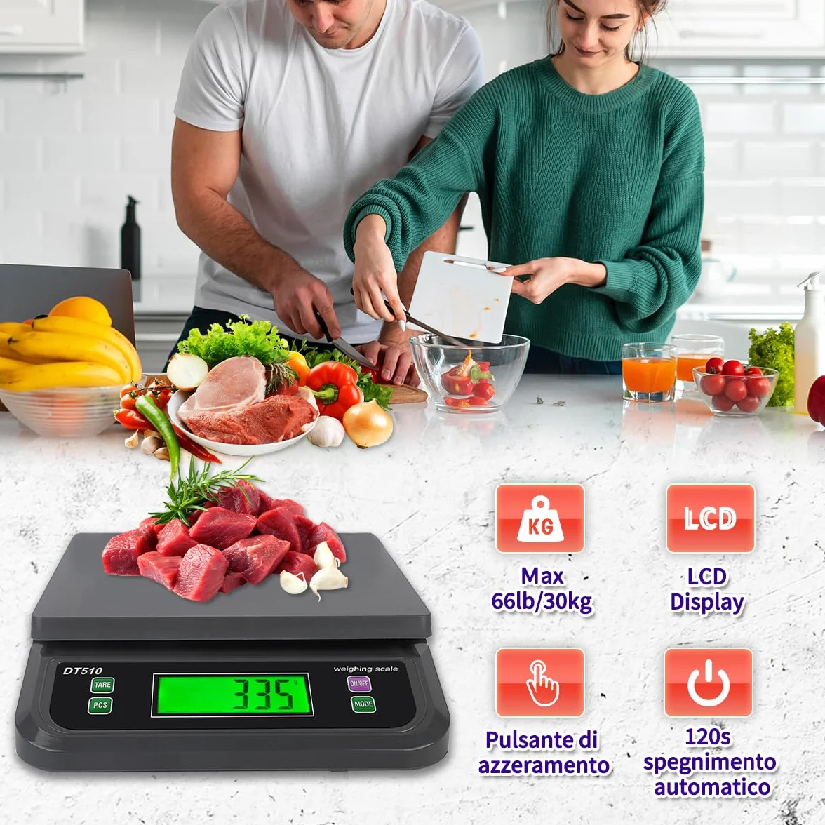 Bilancia Cucina Digitale 30kg Bilancia Professionale per Alimenti Bilancia Cucina con g,oz,lb,kg,TL,ct 6 unità con Funzione PCS e Tare Bilancia da Cucina con Display LCD E Adattatore