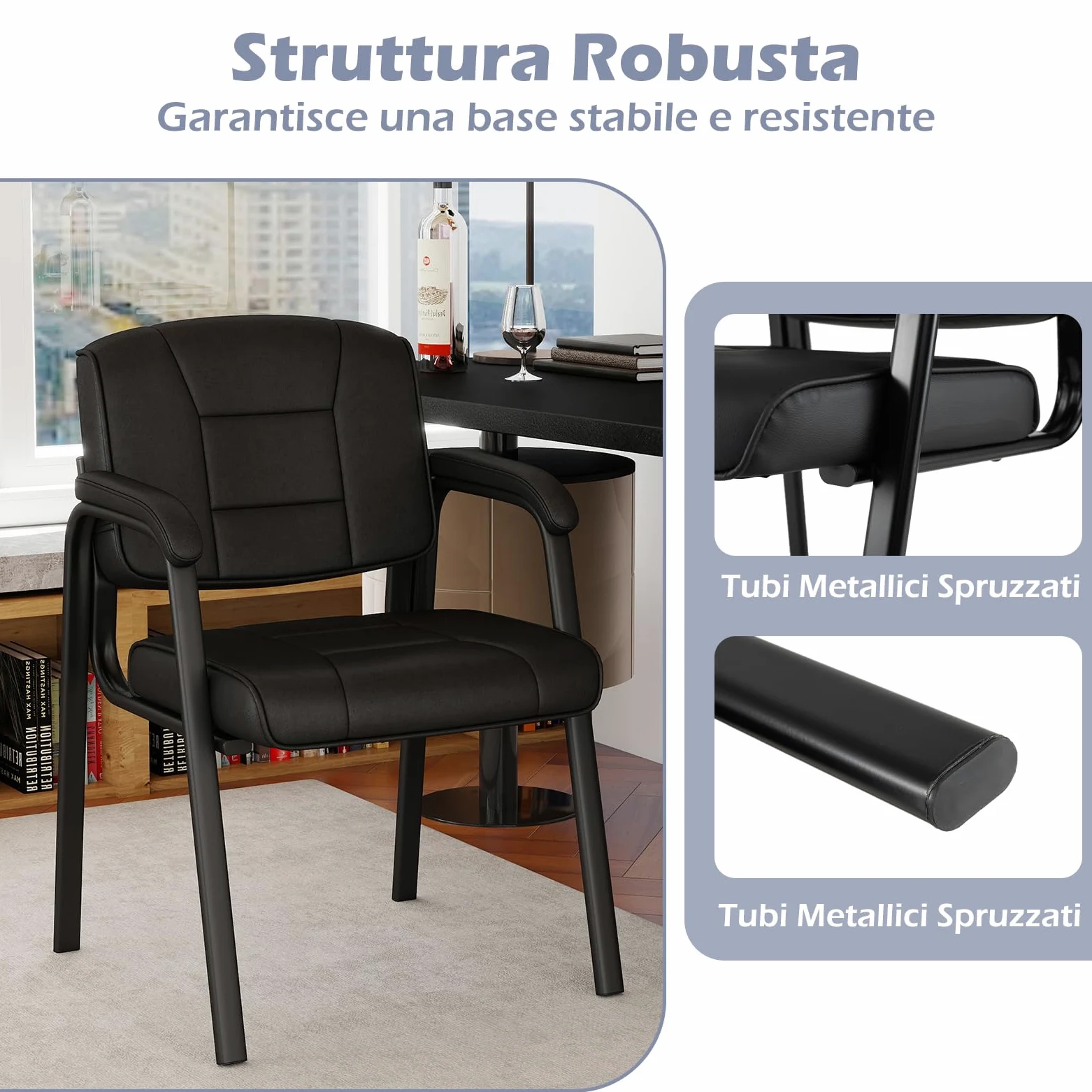 COSTWAY Set di 2 Sedie da Ufficio, Sedia per Sala d'Attesa con Struttura in Metallo, Braccioli Imbottiti, Sedia da Ospiti per Ufficio Riunioni, Portata 180kg (Nero)
